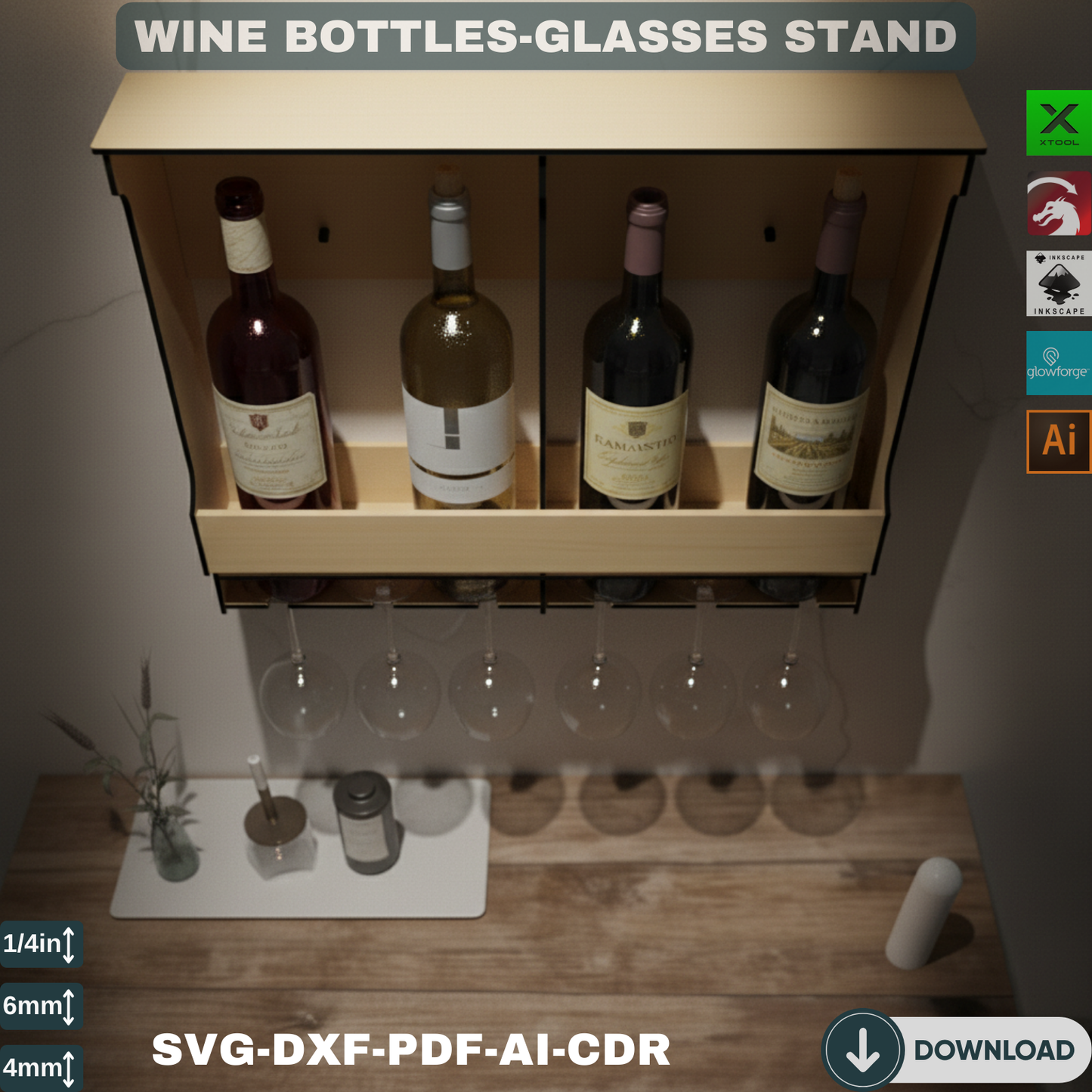 Wall Mounted Wine Rack with Glass Holder, Modern Wood Wine Shelf SVG DXF Laser Cut Files for Home Decor