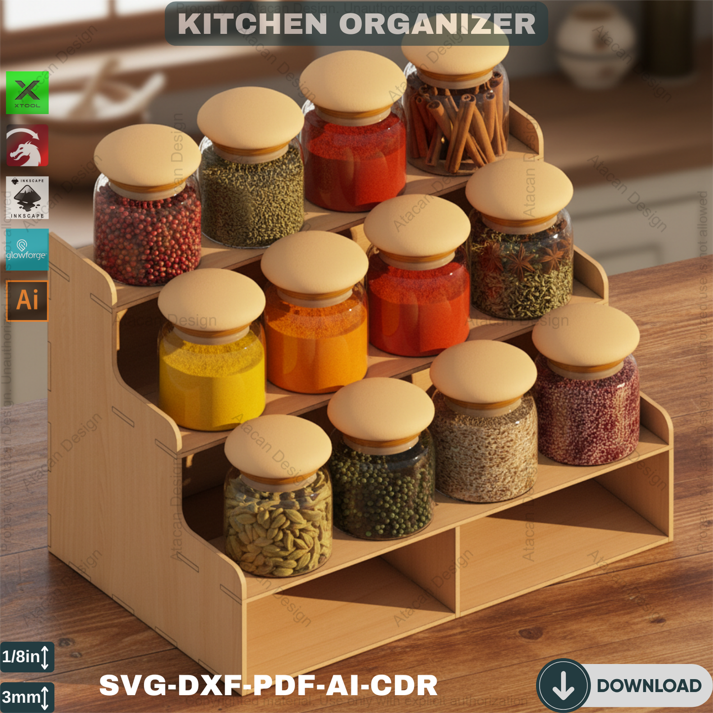 Elegant Wooden Spice Rack - Laser Cut DIY Display Stand 525