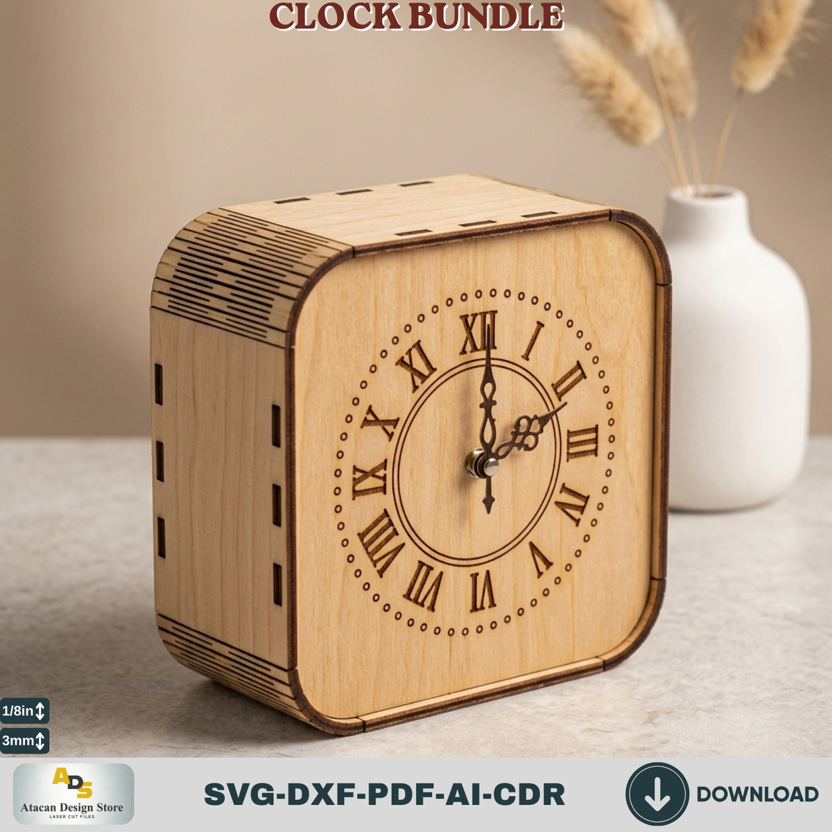 Wooden Living Room Desk Clock Bundle Laser Cut Template, Plywood Tabletop Clock DIY Pattern Cut