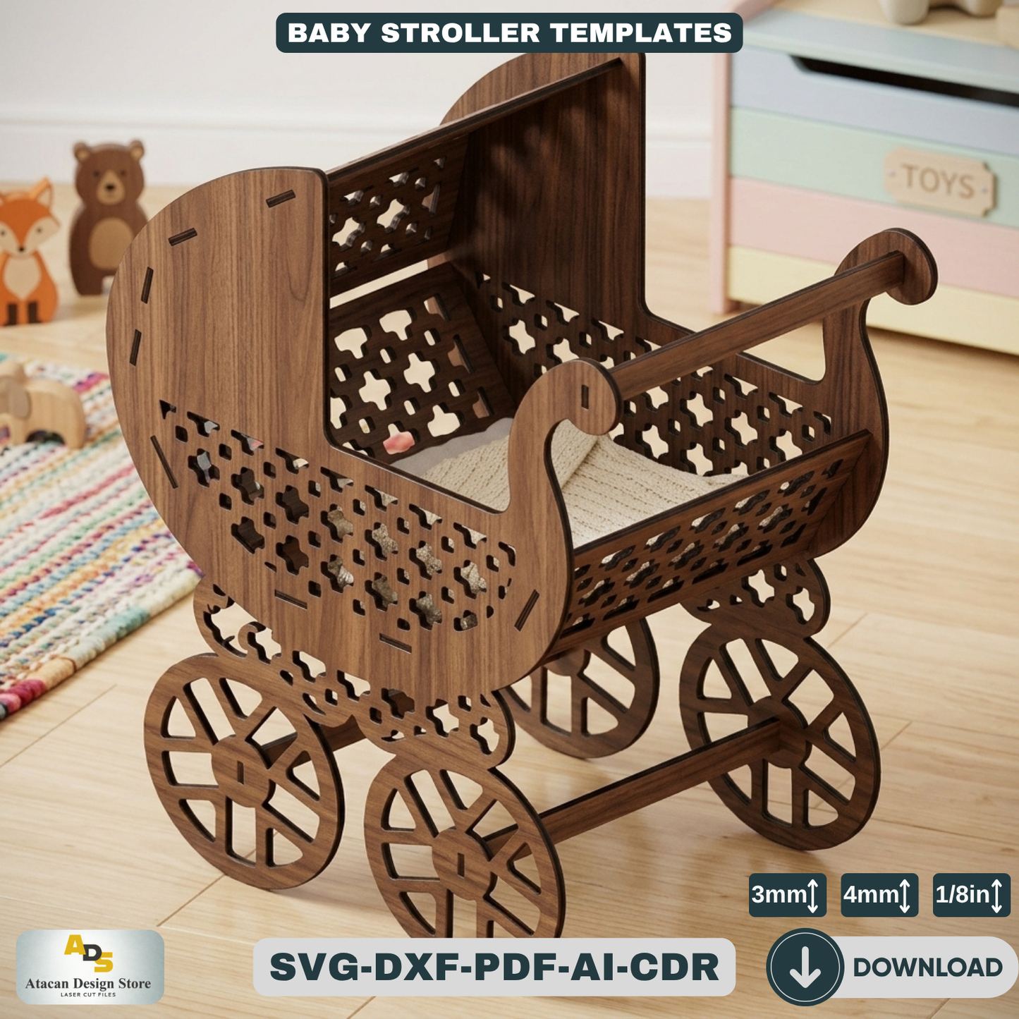 Baby Stroller Laser Cut Design Ornate Wooden Pram Cutting Plans Miniature Buggy Woodworking 124