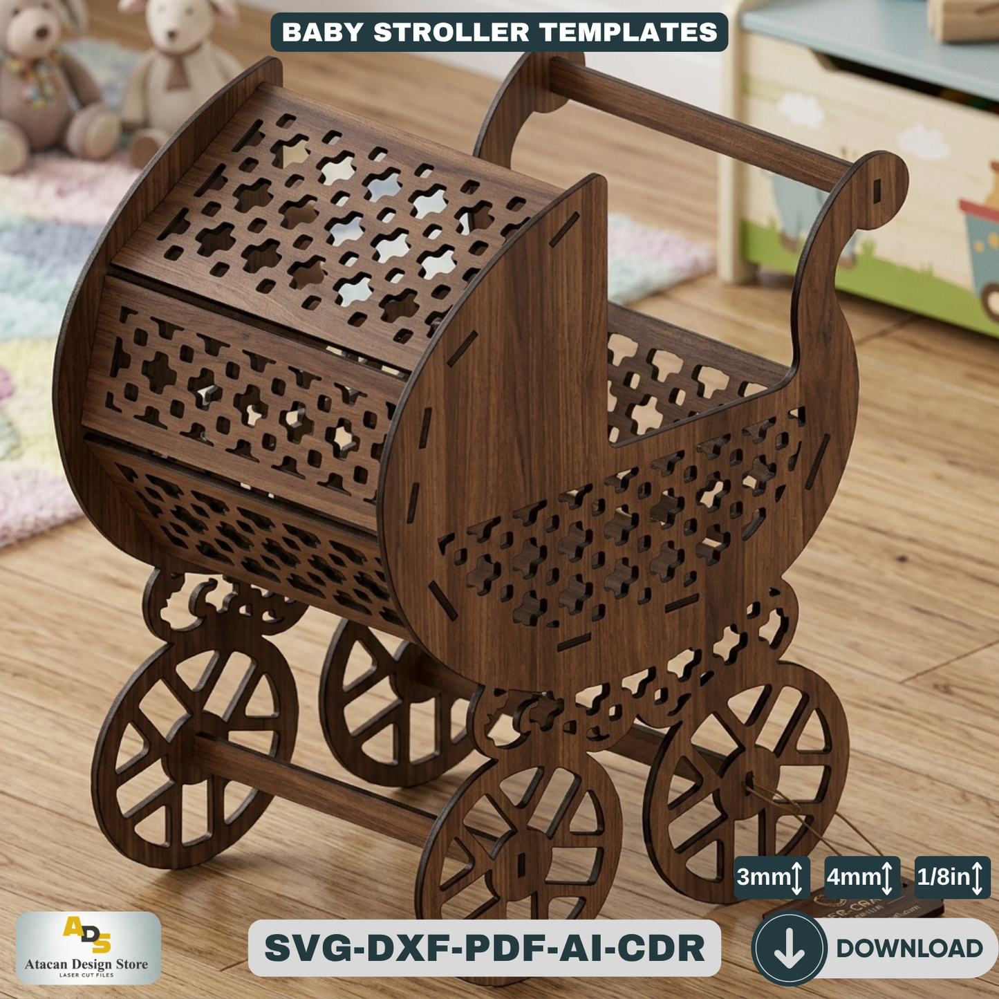 Baby Stroller Laser Cut Design Ornate Wooden Pram Cutting Plans Miniature Buggy Woodworking 124