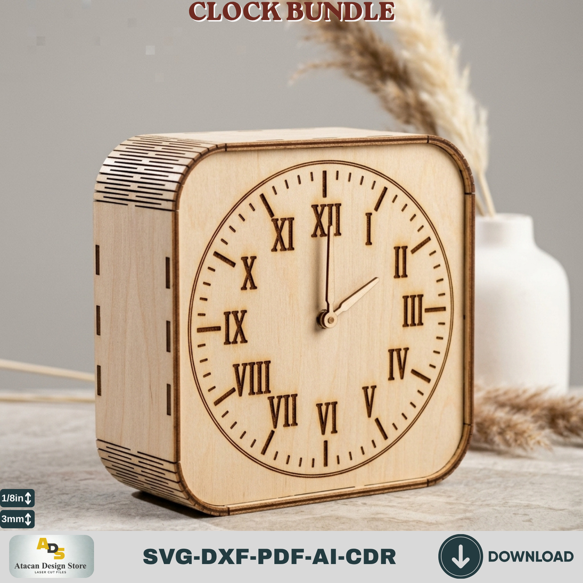 Wooden Living Room Desk Clock Bundle Laser Cut Template, Plywood Tabletop Clock DIY Pattern Cut