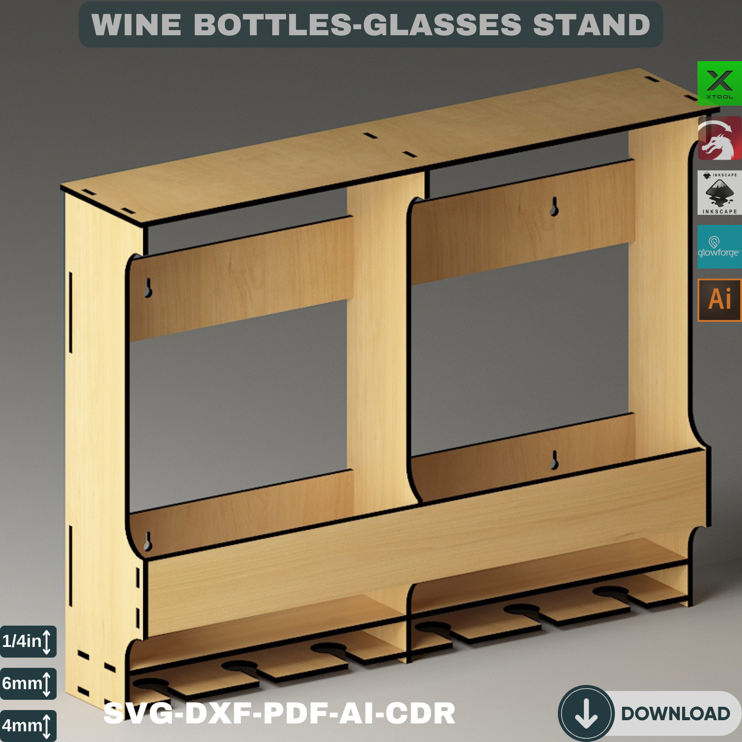 Wall Mounted Wine Rack with Glass Holder, Modern Wood Wine Shelf SVG DXF Laser Cut Files for Home Decor