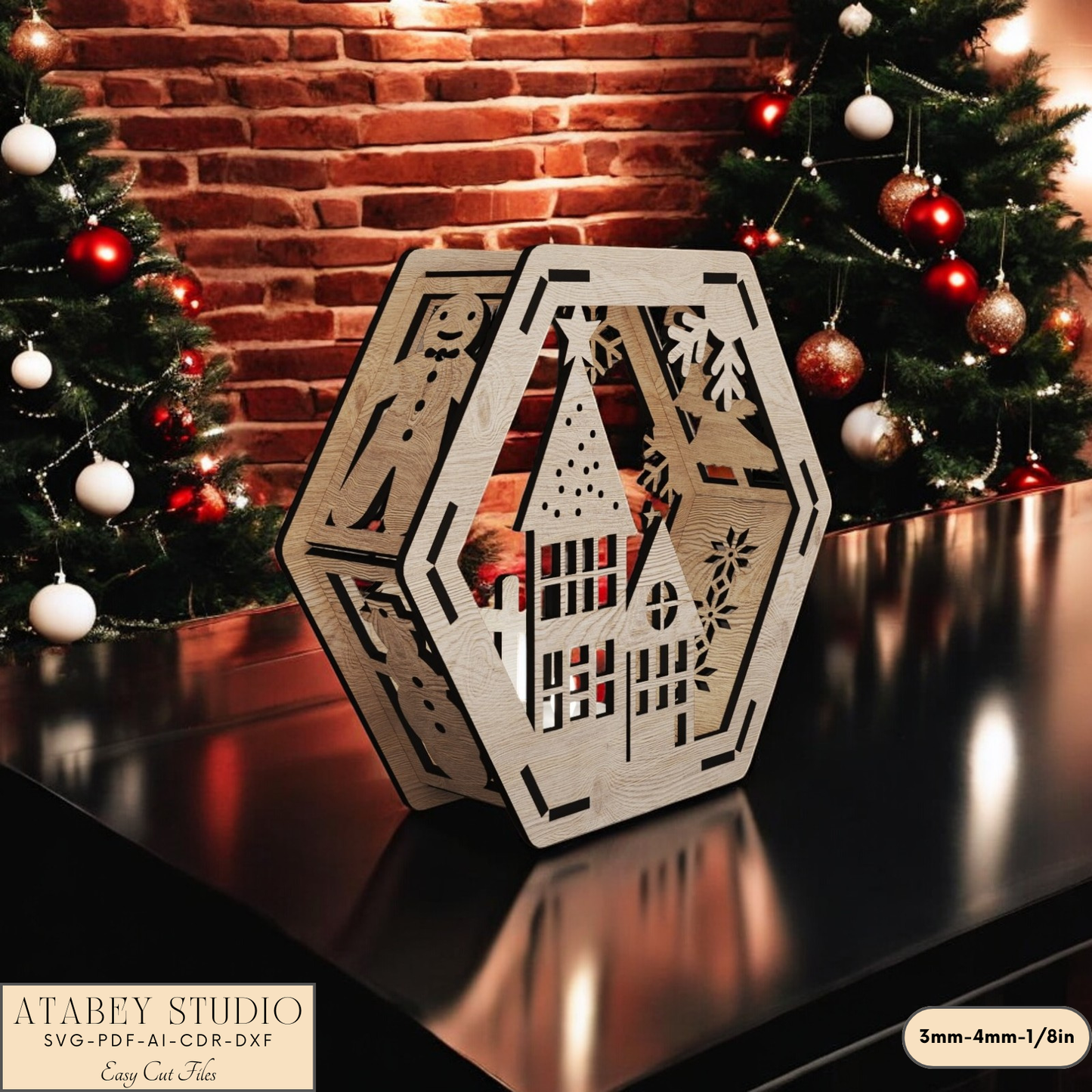 Hexagon Christmas Lantern Laser Cut Design - Snowy Scene Candle Holder for Night Light Decor 910