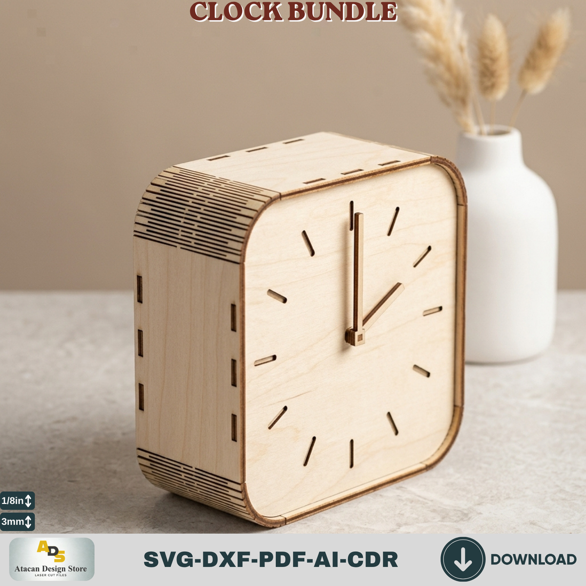 Wooden Living Room Desk Clock Bundle Laser Cut Template, Plywood Tabletop Clock DIY Pattern Cut
