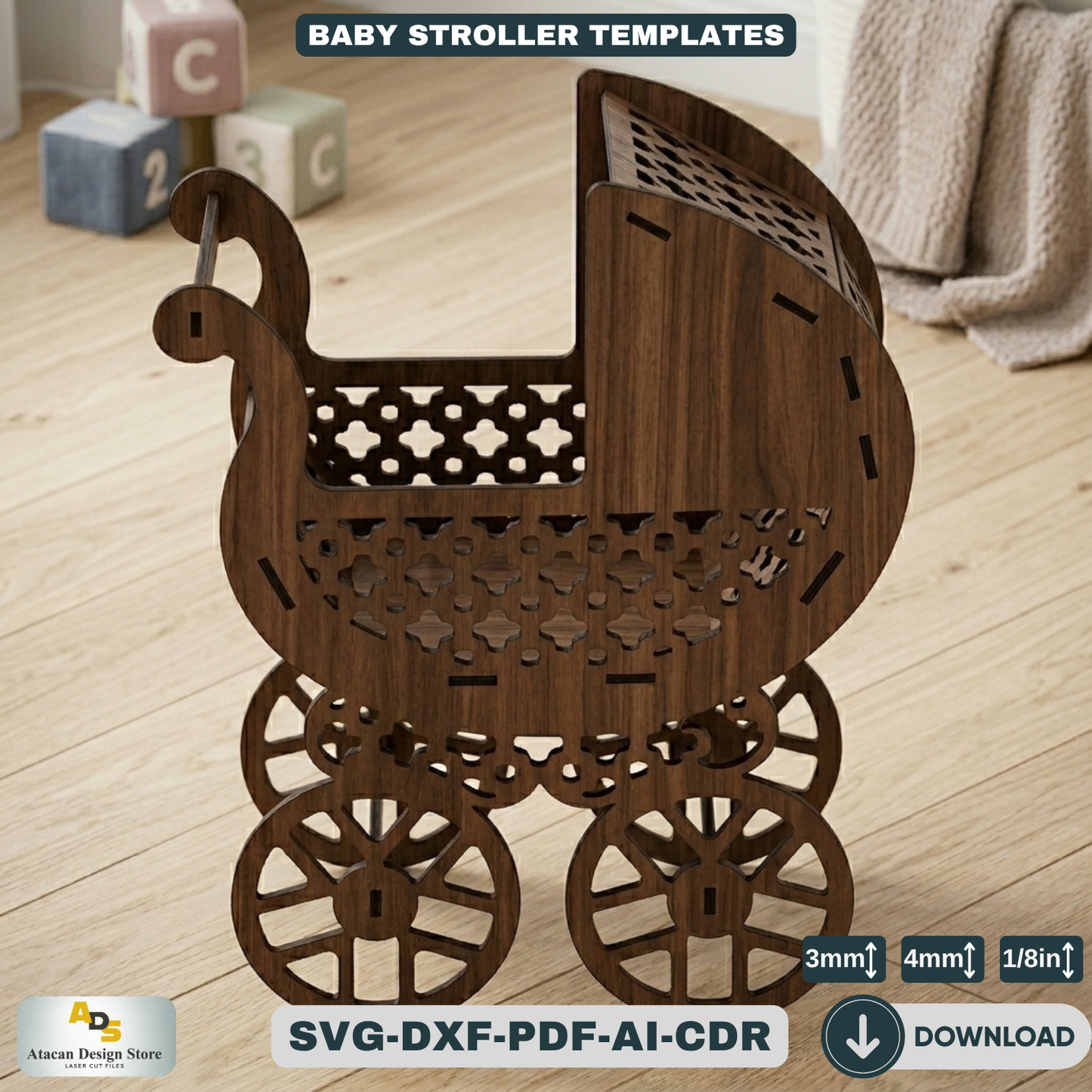 Baby Stroller Laser Cut Design Ornate Wooden Pram Cutting Plans Miniature Buggy Woodworking 124
