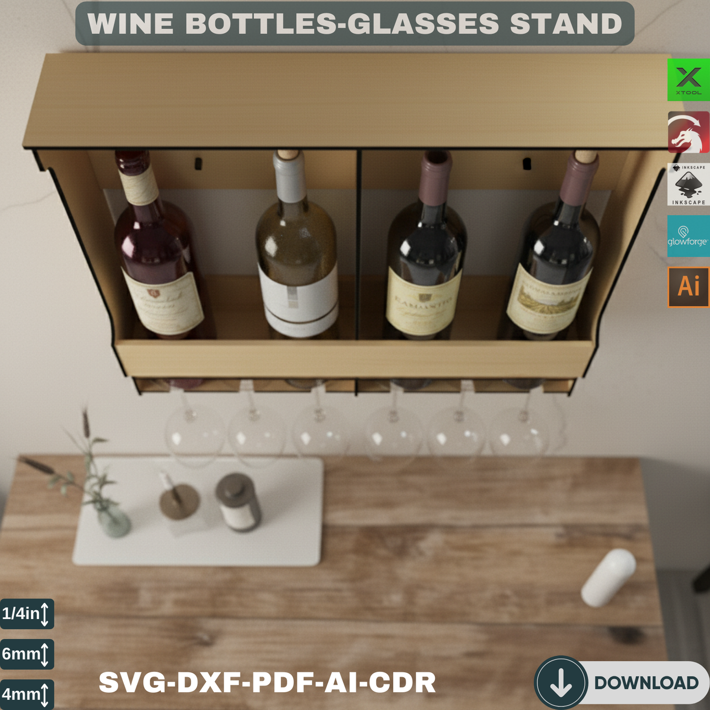 Wall Mounted Wine Rack with Glass Holder, Modern Wood Wine Shelf SVG DXF Laser Cut Files for Home Decor