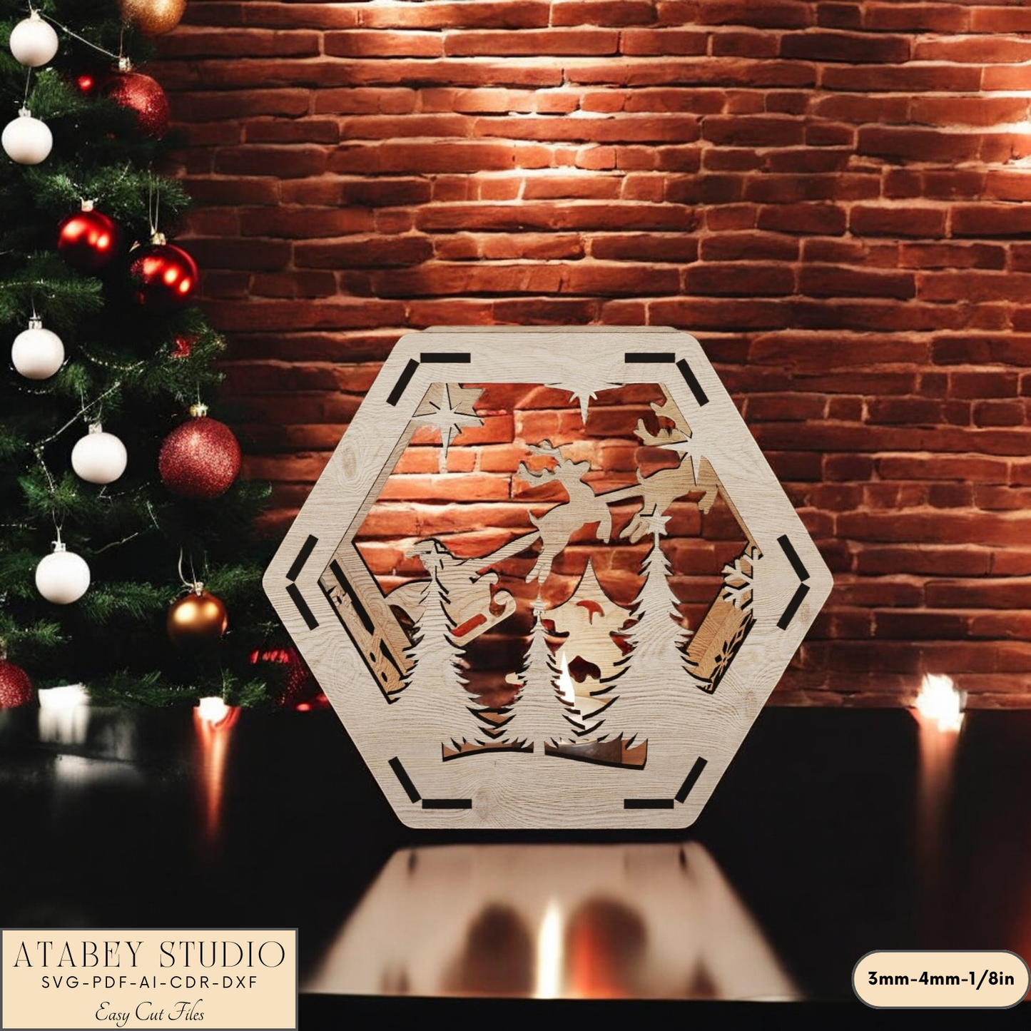 Hexagon Christmas Lantern Laser Cut Design - Snowy Scene Candle Holder for Night Light Decor 910