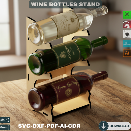 Laser Cut Wine Rack Plans SVG, Wooden Countertop Wine Holder DXF, DIY 3 Bottle Wine Display Stand