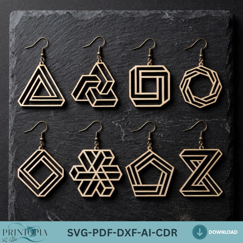 Geometric Wooden Earring Laser Cut Files Impossible Shapes Optical Illusion Jewelry Templates