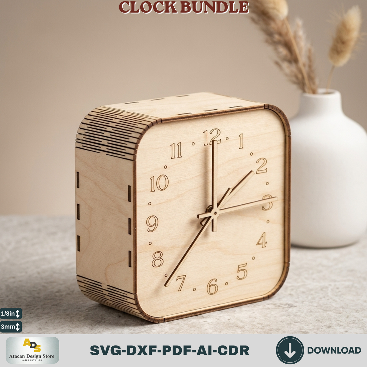 Wooden Living Room Desk Clock Bundle Laser Cut Template, Plywood Tabletop Clock DIY Pattern Cut