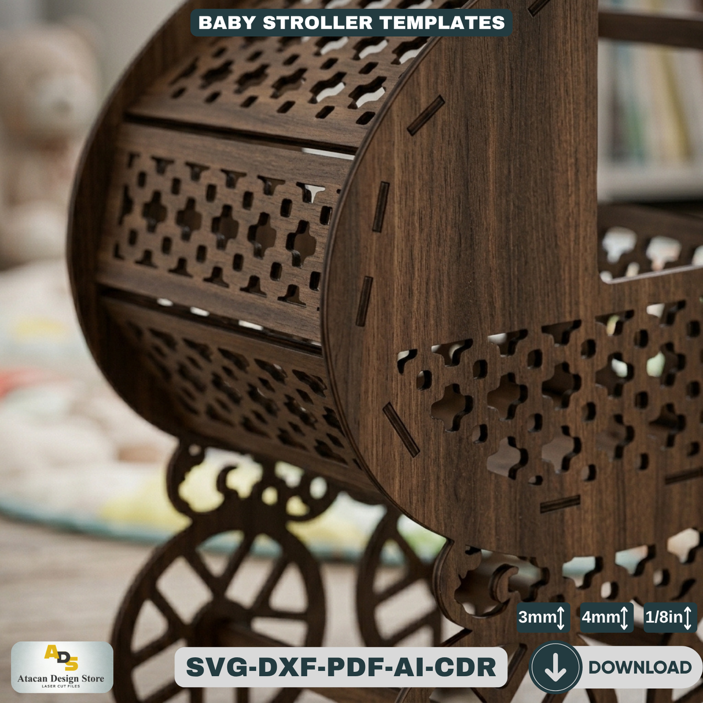 Baby Stroller Laser Cut Design Ornate Wooden Pram Cutting Plans Miniature Buggy Woodworking 124