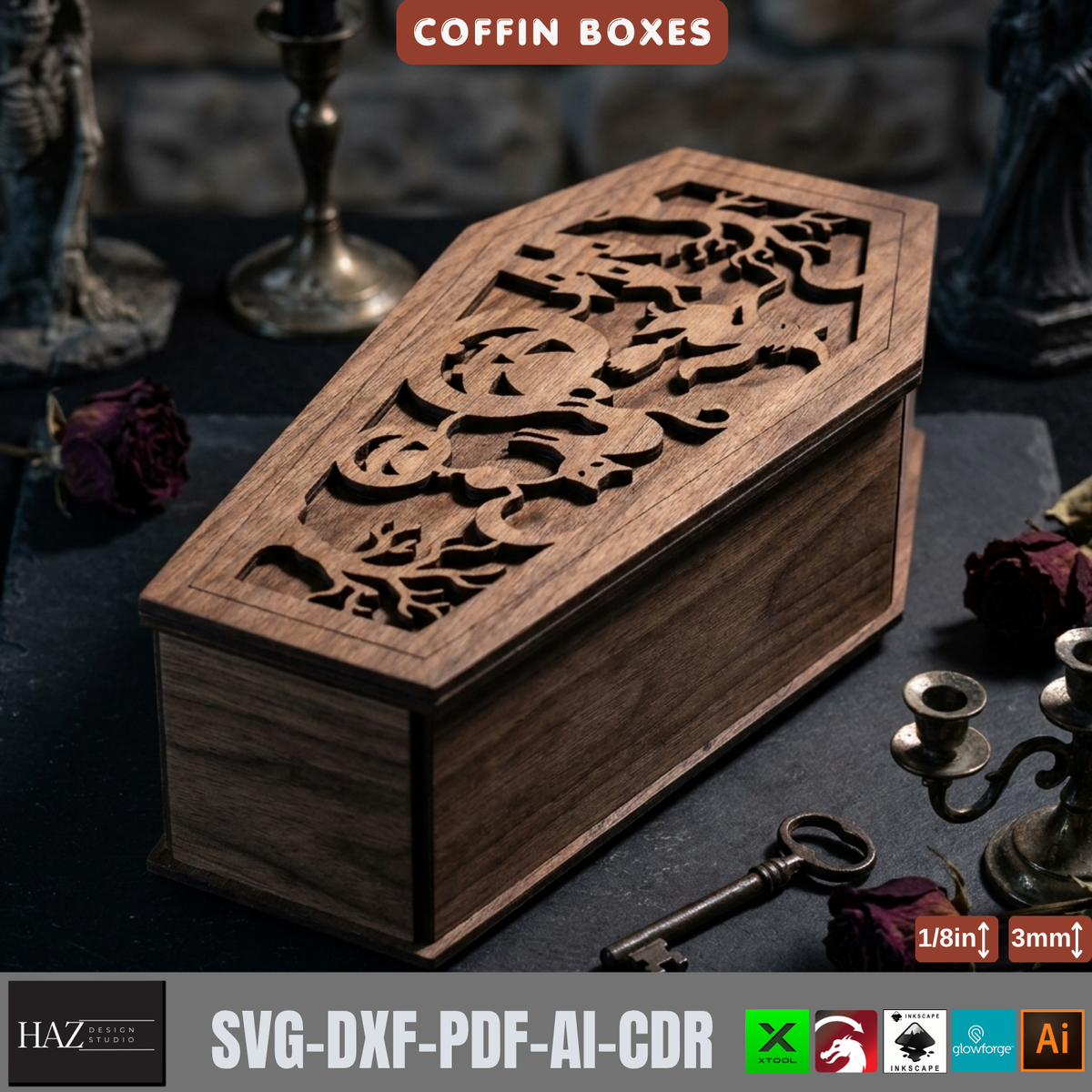 Halloween Coffin Box Laser Cut Template, Gothic Wood Keepsake Casket Pattern, Trick or Treat Candy Holder, Spooky Plywood Decor