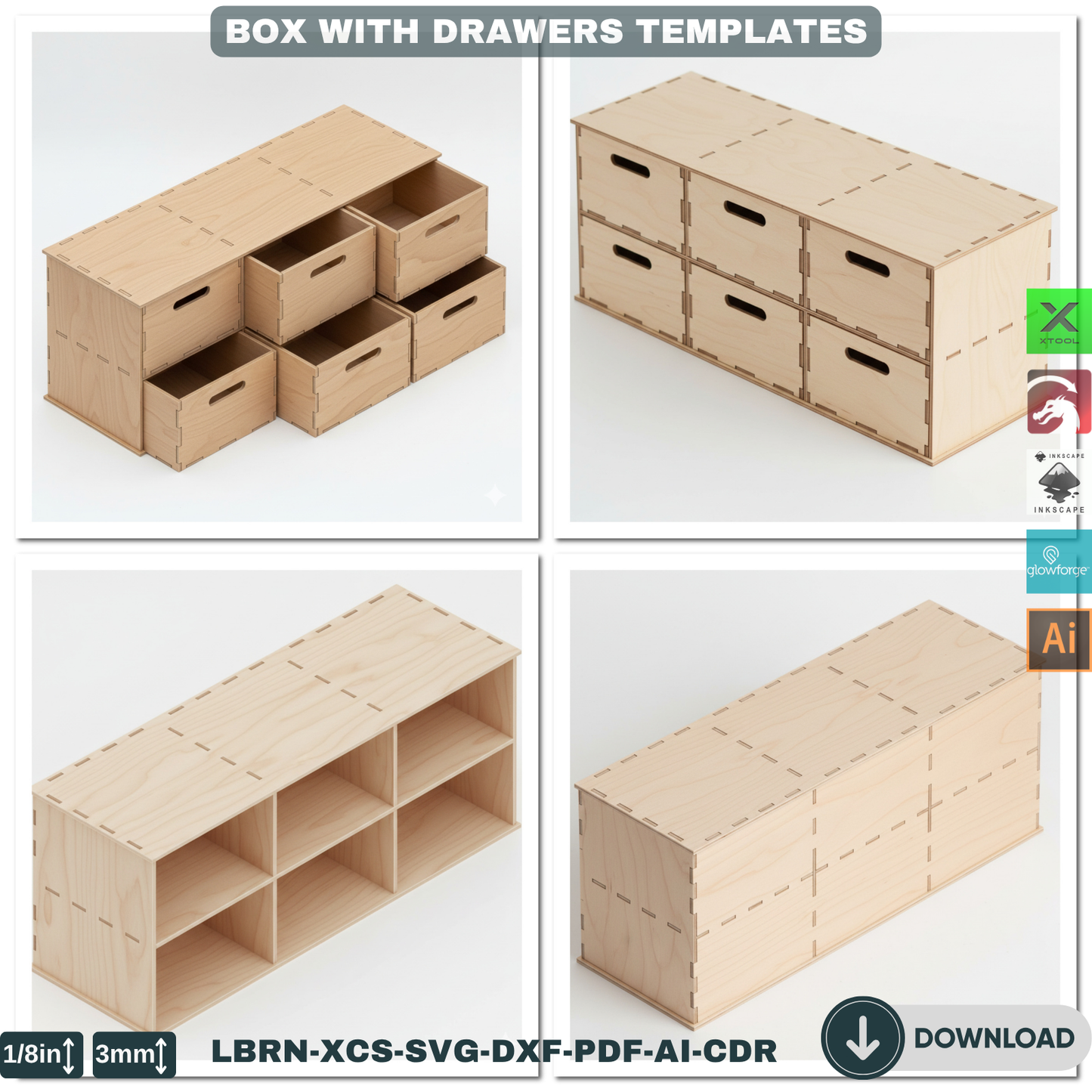 Customizable Laser Cut Drawer Box Template, Modular Wooden Organizer SVG Files for Glowforge & Xtool 905