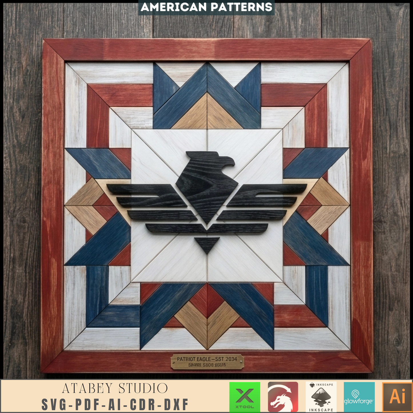 Patriot Eagle Wood Barn Star Quilt Wall-Art American Flag Pattern Mosaic Plywood Block Sign