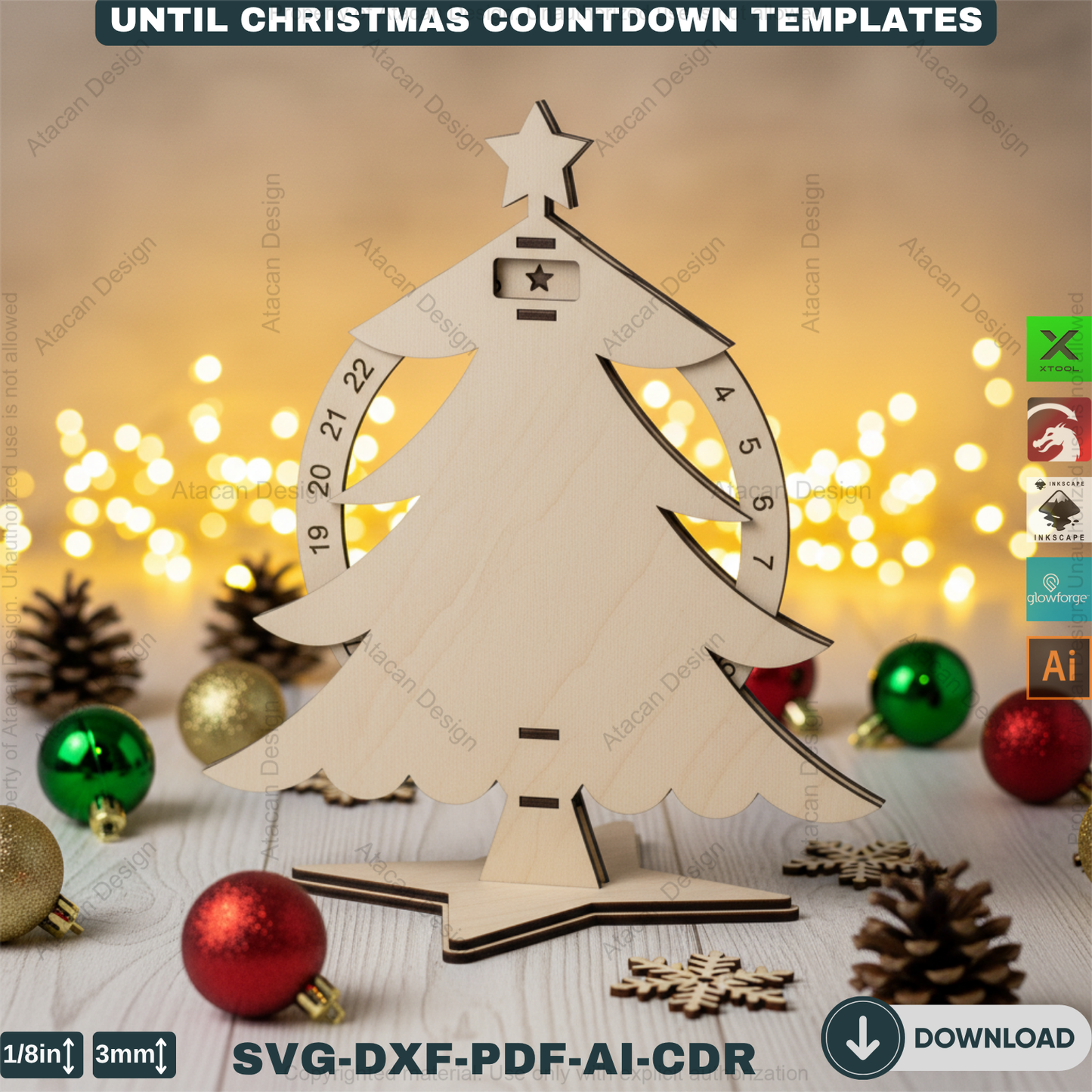 Christmas Tree Advent Calendar Laser Cut Template Bundle Wooden Countdown Stand Glowforge Xtool Files 915