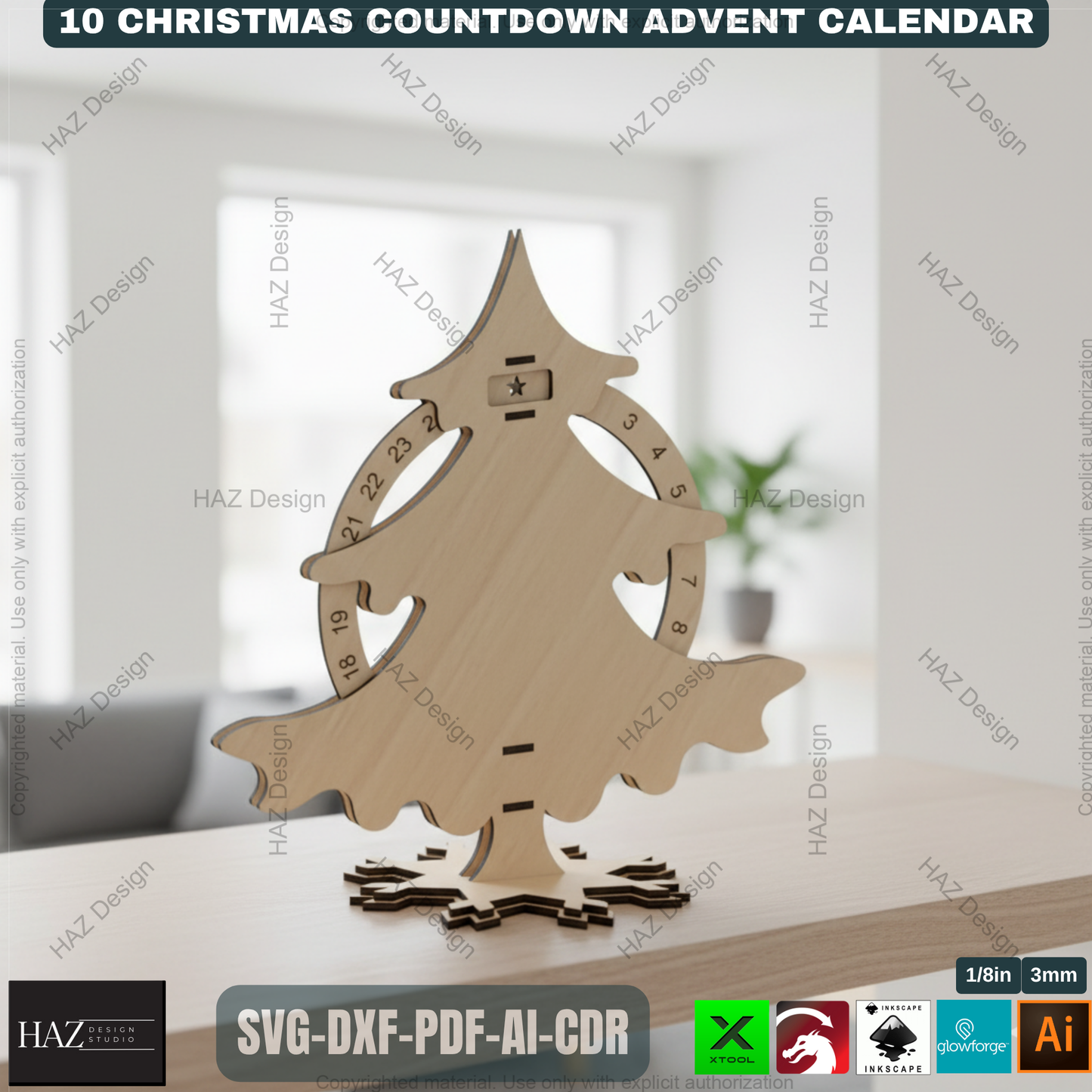 Festive Countdown Advent Calendar Laser Cut Files, Wooden Christmas Decor Template for Glowforge & Xtool, Holiday Craft Project 498