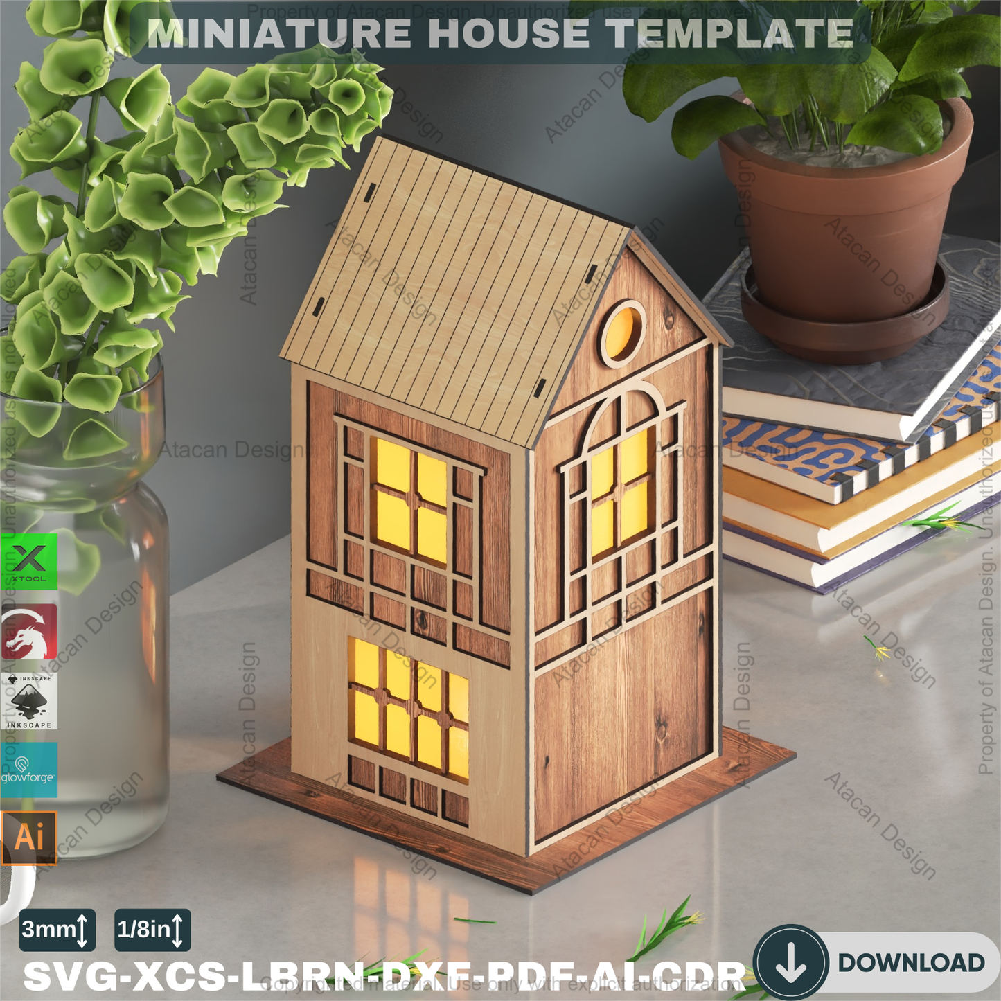 DIY Wooden House Luminary Template | Laser Cut Miniature Village | Table Lamp Design 885