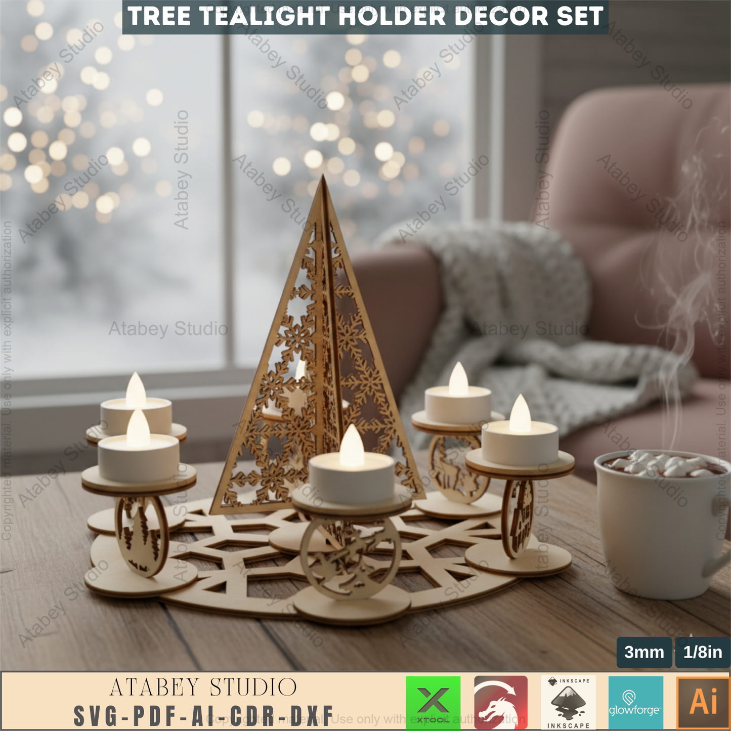 Festive Tree Lantern, Holiday Tea Light, New Year Themed Laser Cut Digital Download, Laser File Christmas Candles Tealight Holder Trees File Candle holder Christmas SVG, Christmas Snowflake trees candles Advent wreath laser file tealight  968
