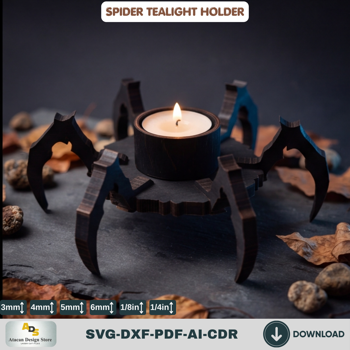 Spider Tealight Holder Halloween Candle Laser Cut Wood Template SVG File