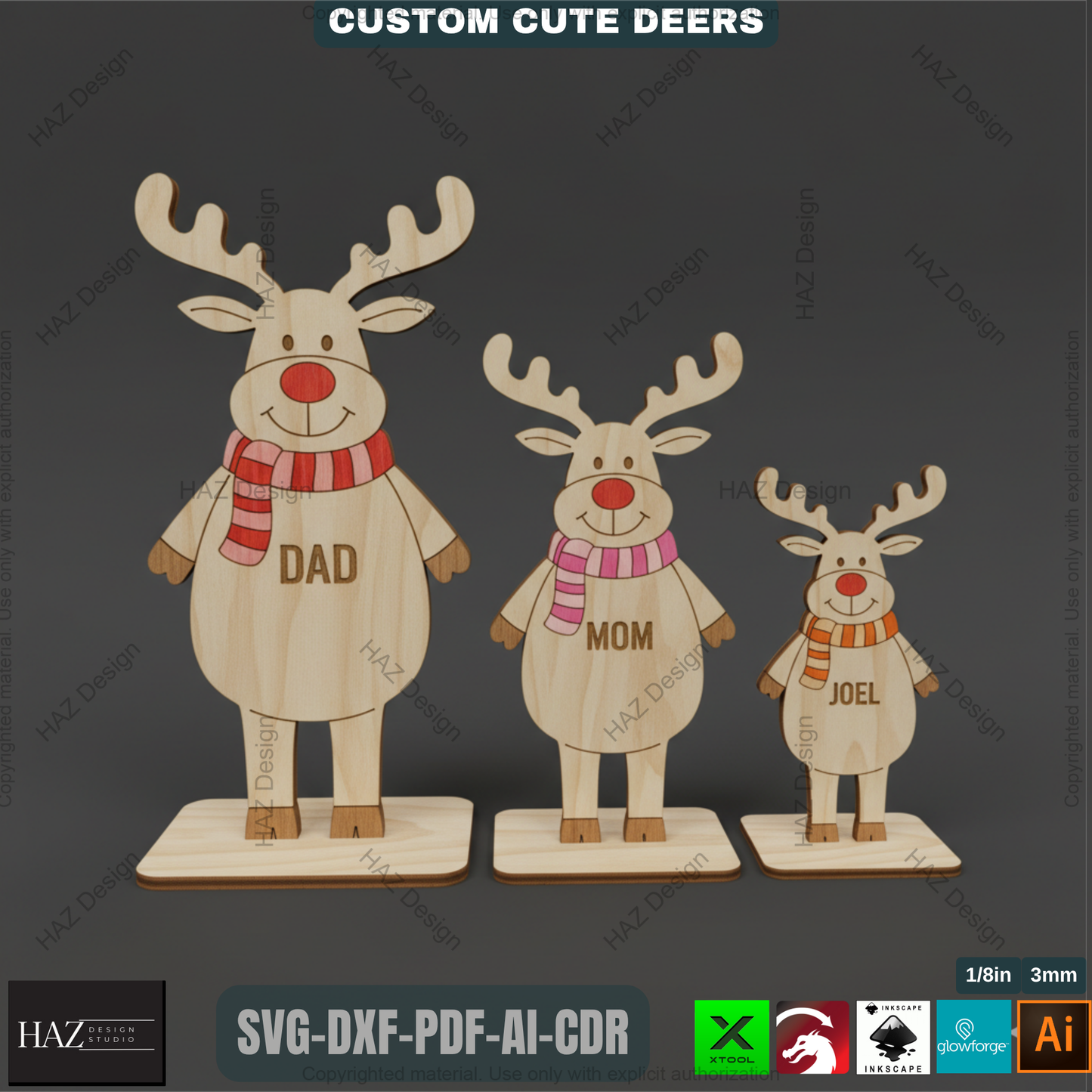 Freestanding Reindeers, DEER Family Names Laser Engraved, Wooden Standing Deers Cutting Templates 499