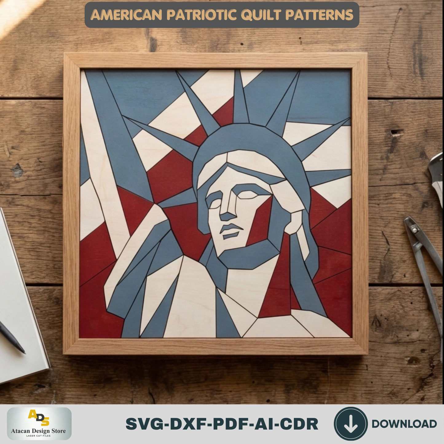 Geometric Statue of Liberty Pattern, Patriotic Wall Decor, July Fourth Wood Sign, Independence Day-Gift
