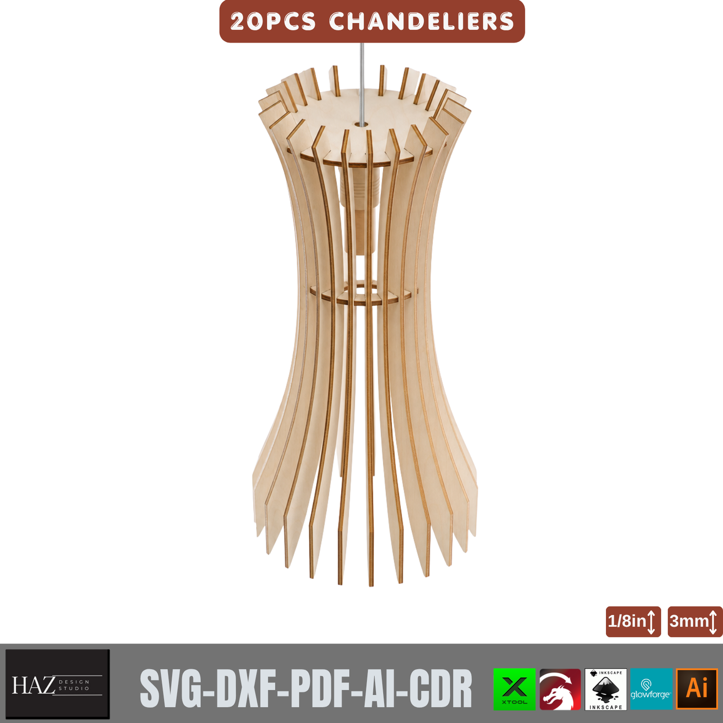 20 Piece Wooden Chandelier Pendant Lamp Laser Cut SVG Template Set Plywood 566