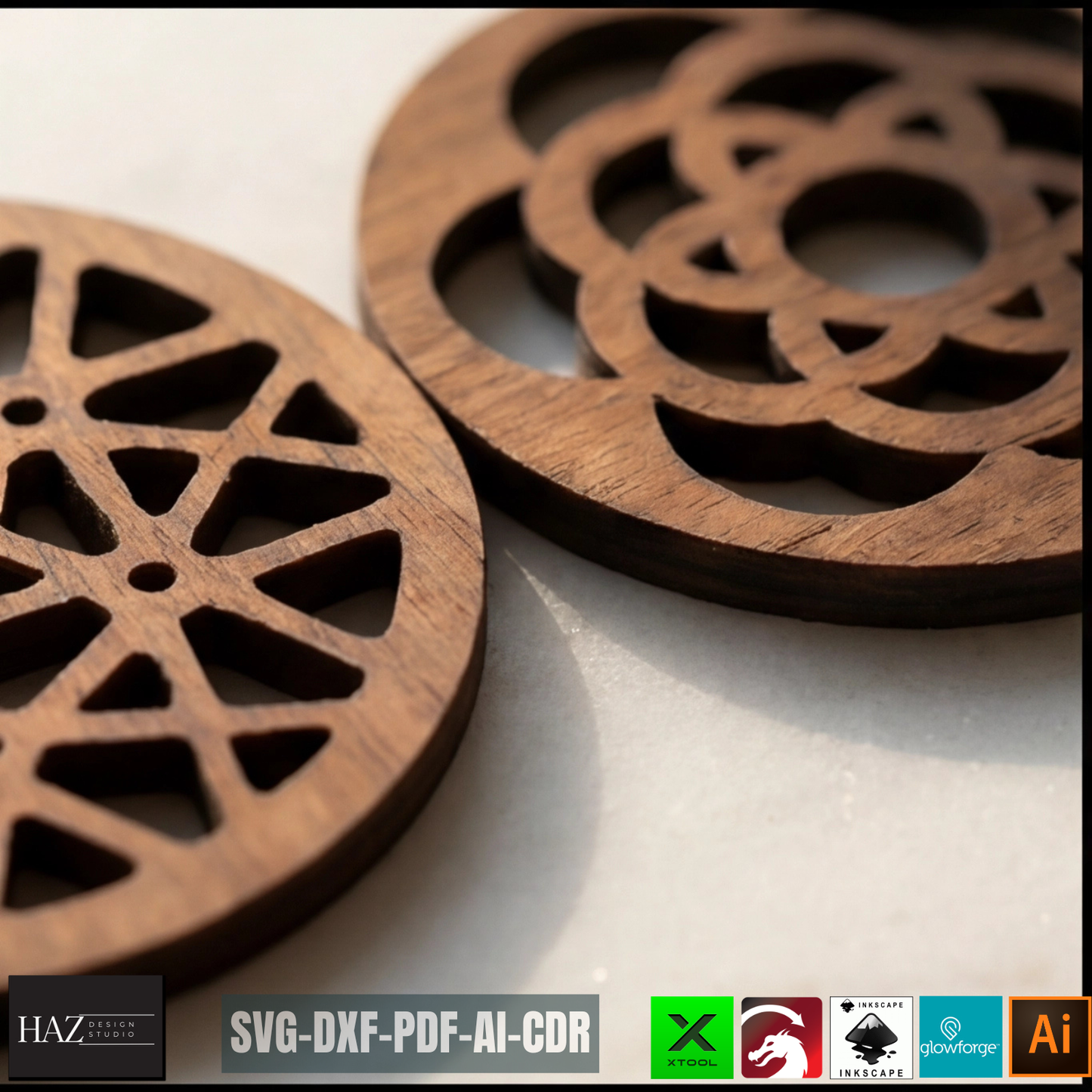 Round Coasters Laser Cut Template, Floral Wooden Drink Mat Pattern, Coaster Set Design