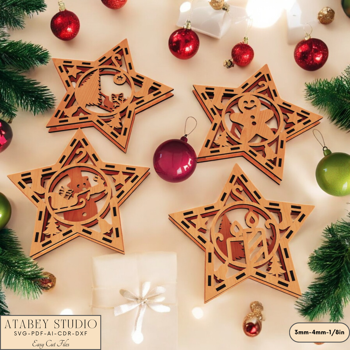 Festive Laser Cut Star Decorations: Unique Gingerbread, Candle, and Sleigh Designs 904