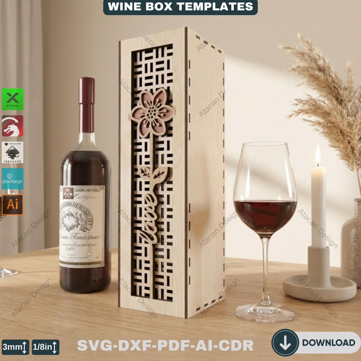 Luxury Wooden Wine Holder - Ideal for Weddings, Anniversaries, and Gift Giving-Elegant Wooden Wine Box with Rose Theme 800