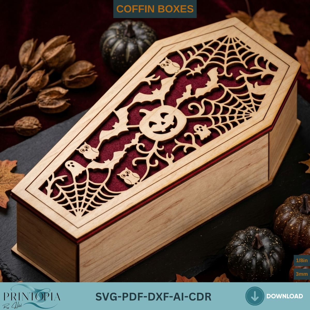 Halloween Coffin Box Laser Cut, Gothic Casket Keepsake Box Template, Wooden Spooky Gift Box