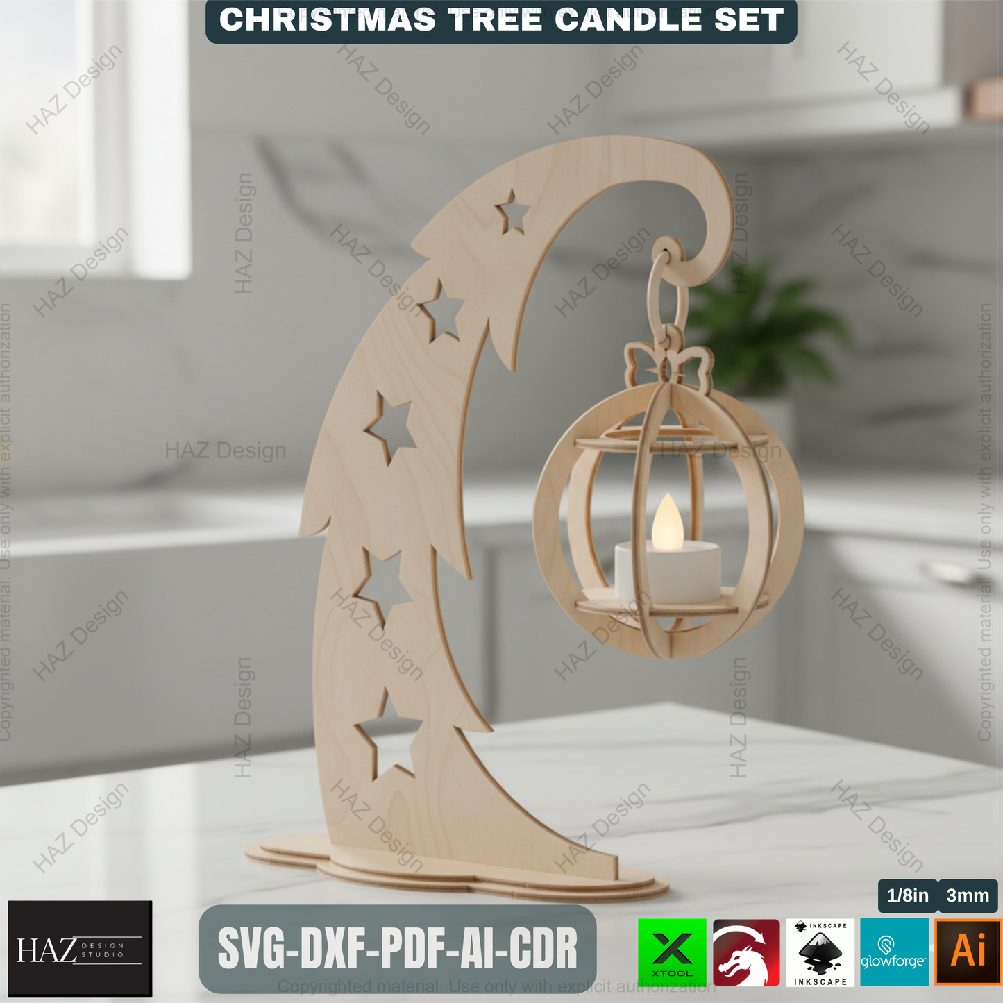 Title: Christmas Tree Tealight Holders Laser Cut Files Wooden Ornament Candle Stands Xmas Decor Templates Glowforge Xtool SVG 494