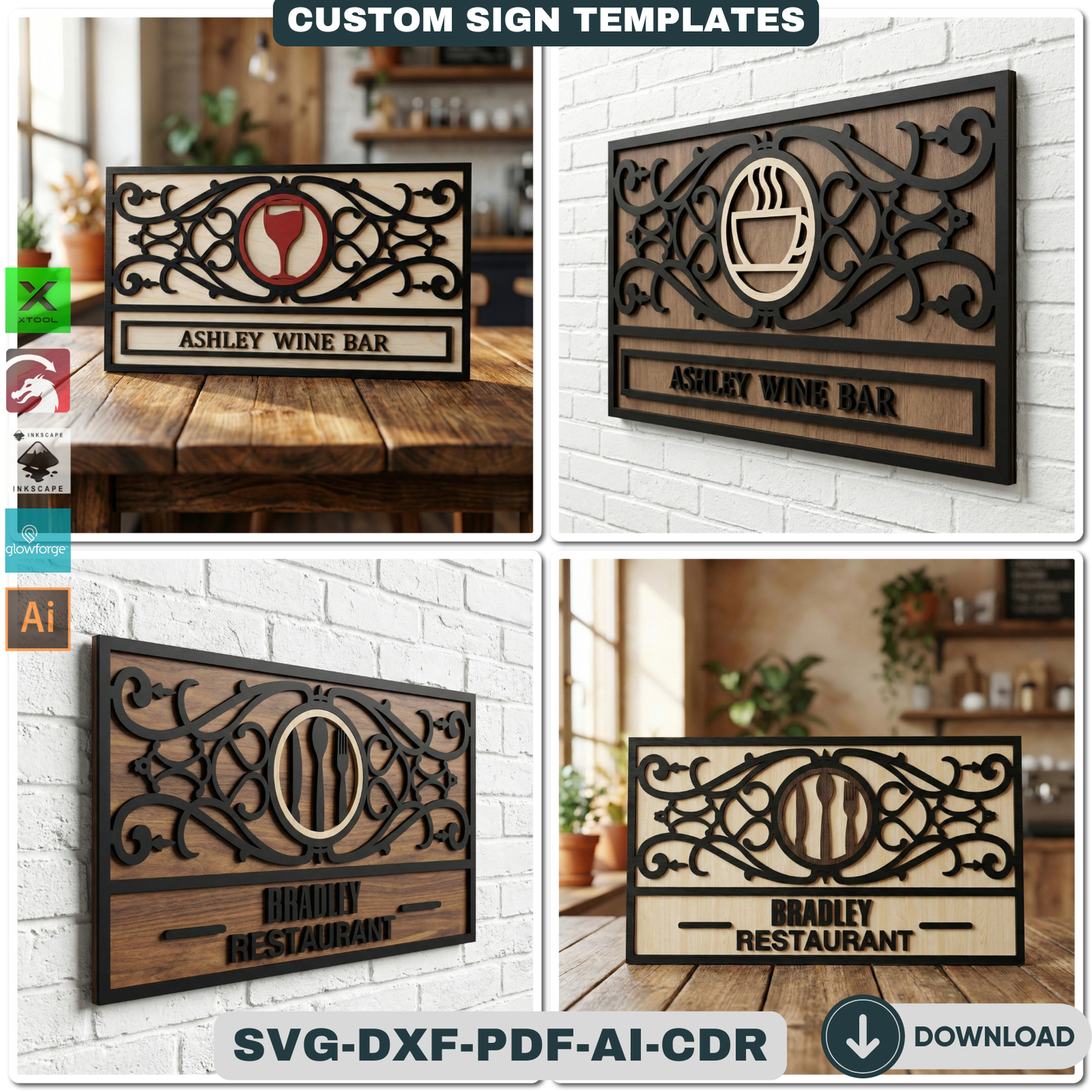 Customizable Frame Sign Board Templates for Laser Cutting | Personalize Cafe Restaurant & Home Decor Wall Art | Glowforge Xtool Ready 931