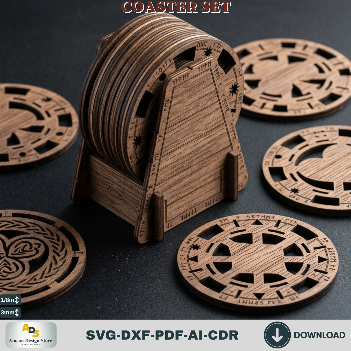 Norse Rune Coaster Template with Stand, Celtic Card Suit Drink Coasters, Laser Cut Bar Gift Bundle