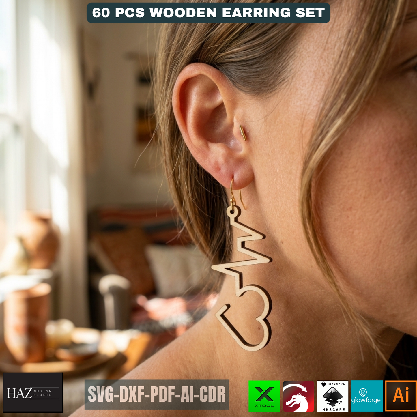 60 Wooden Earring Laser Cut Files SVG Bundle Jewelry Templates Plywood Jewelry Shapes