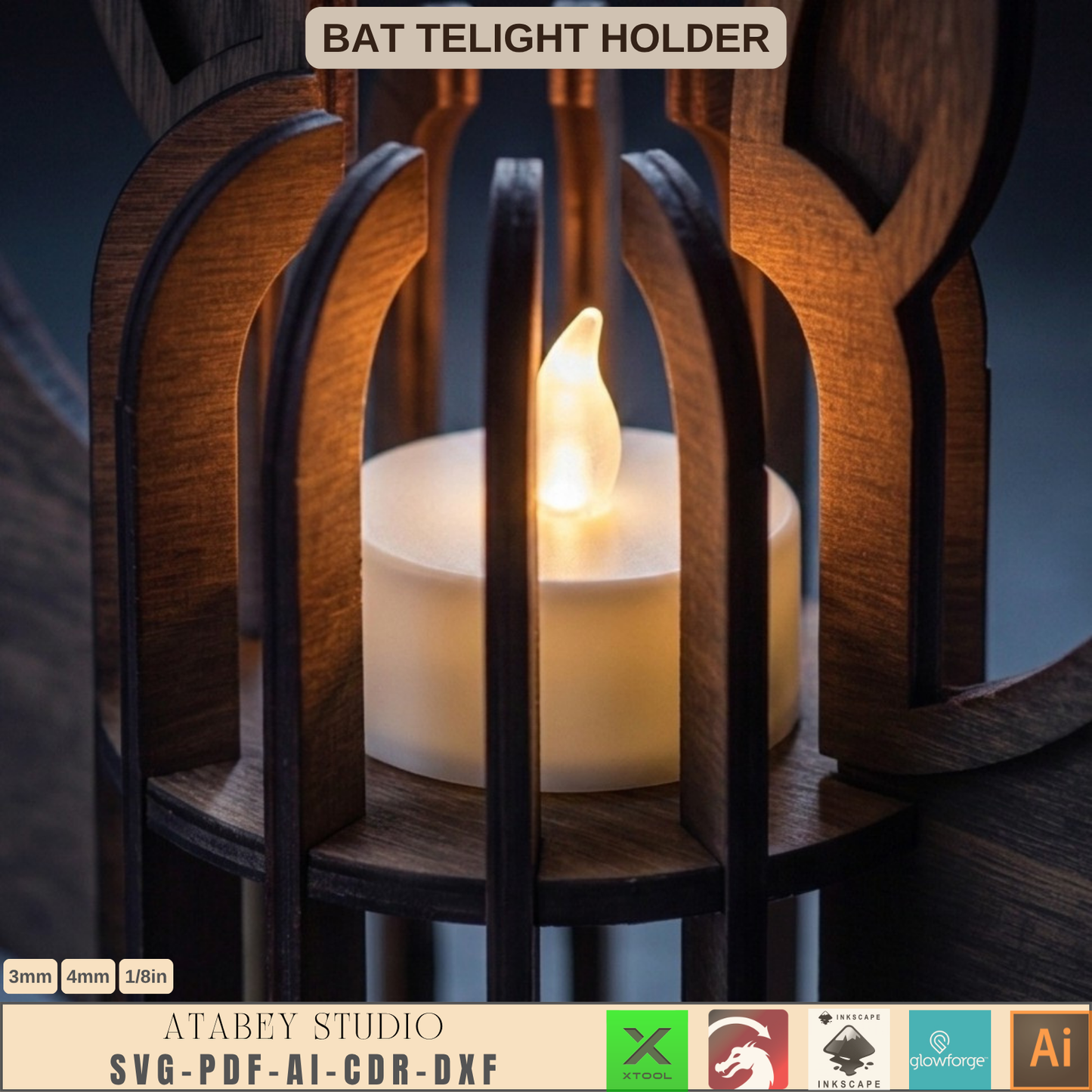 Halloween Bat Tea Light Holder Laser Cut File Wooden Lantern SVG Template