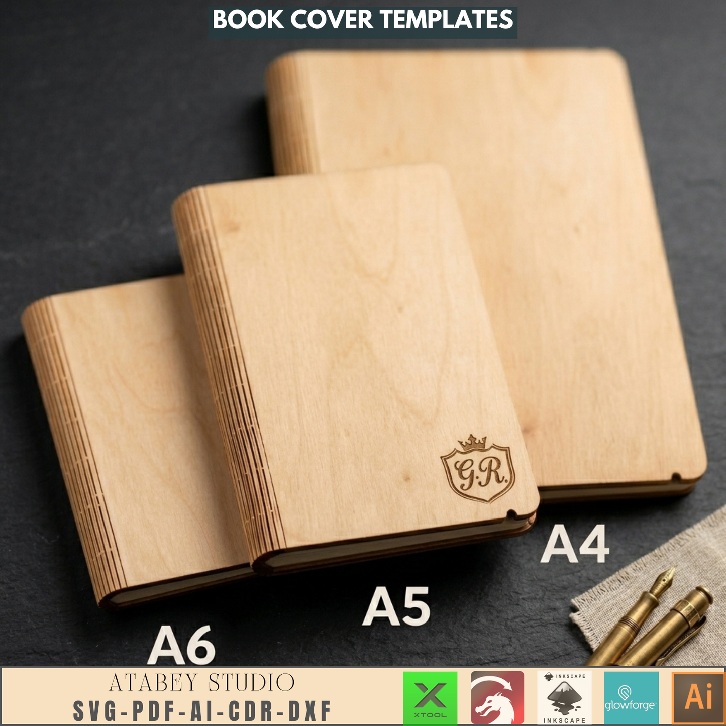 Wooden Book Cover Template Living Hinge Laser Cut Notebook Design A4 A5 A6 Plywood Journal Cover