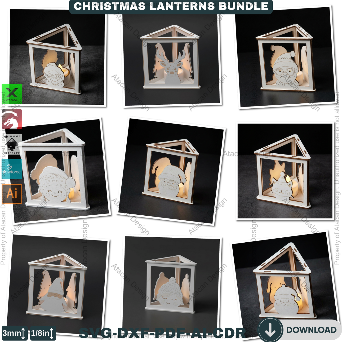 Christmas Lanterns Bundle Laser Cut Templates | Holiday Candle Box Decor | Tealight Holder Designs 930