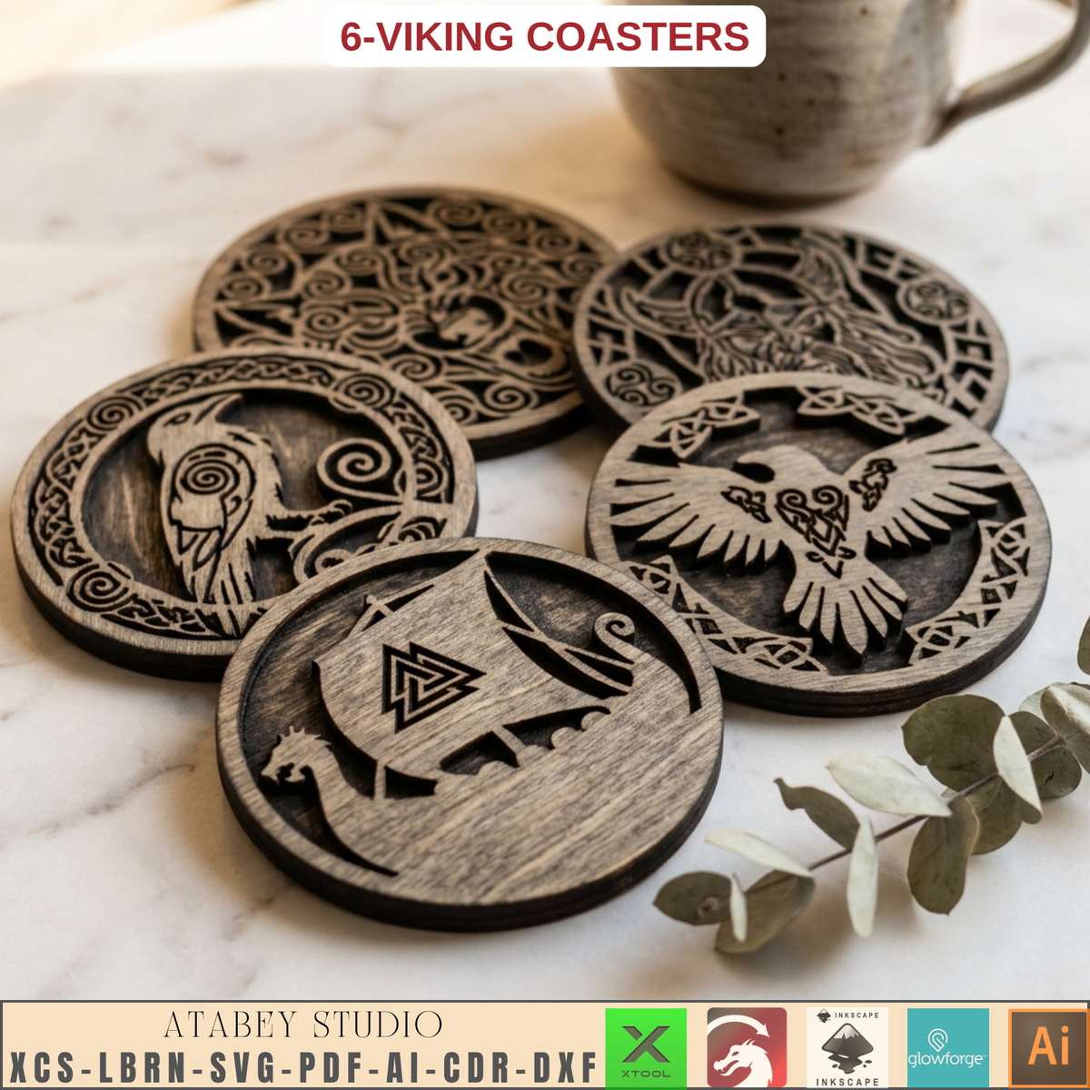 Viking Norse Coaster Laser Cut Files Raven Wolf Ship Celtic Wood Template
