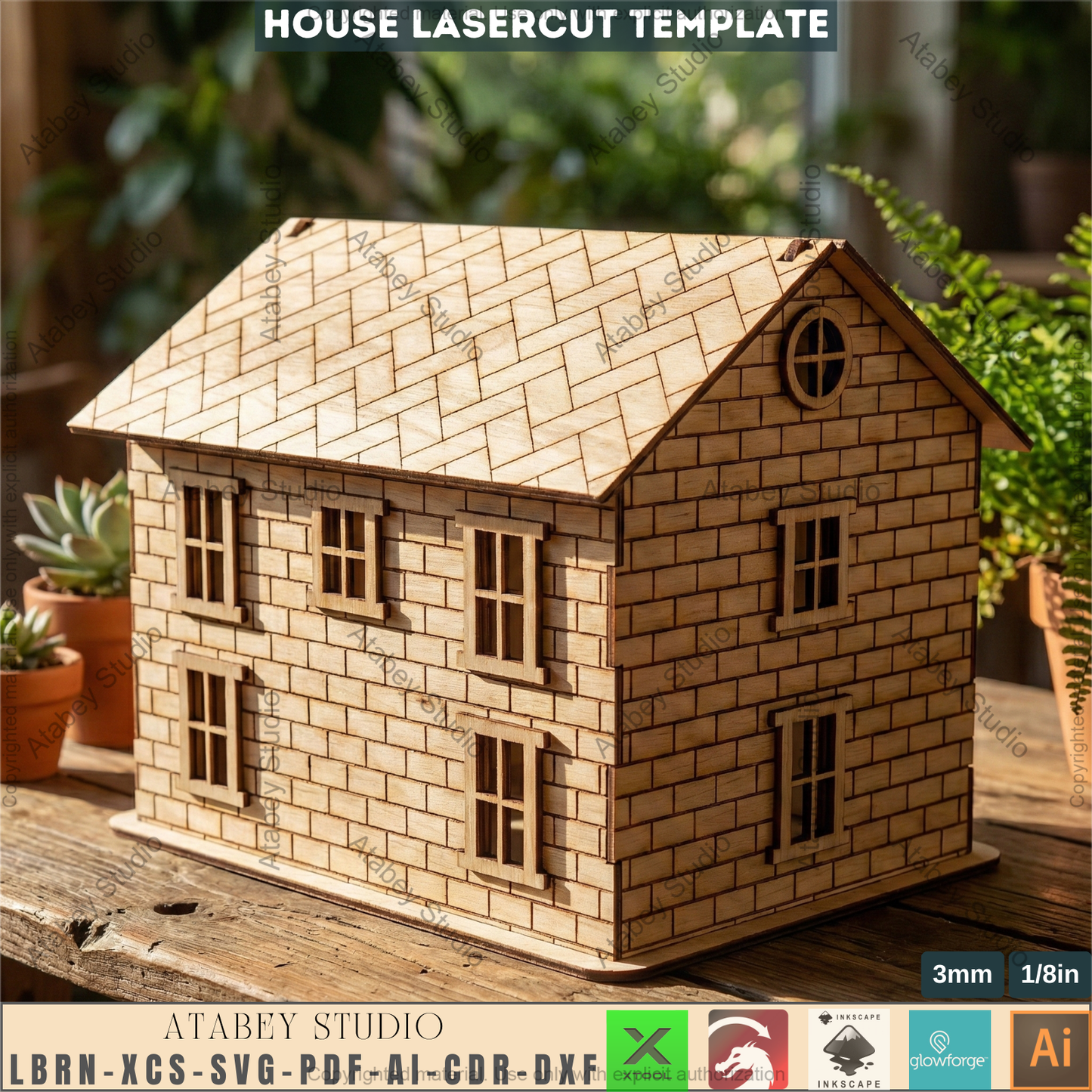 Wooden Dollhouse Laser Cut Plan, Plywood Toy Home Template, CNC Model, Kids Play House Design, Hinged Roof Storage Box 265