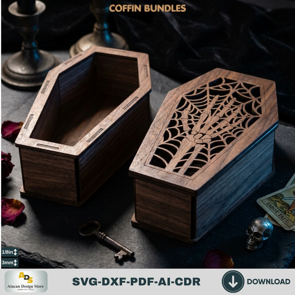 Gothic Coffin Box Laser Cut Bundle, Halloween Wooden Keepsake Casket Template, Spooky Trick or Treat 979