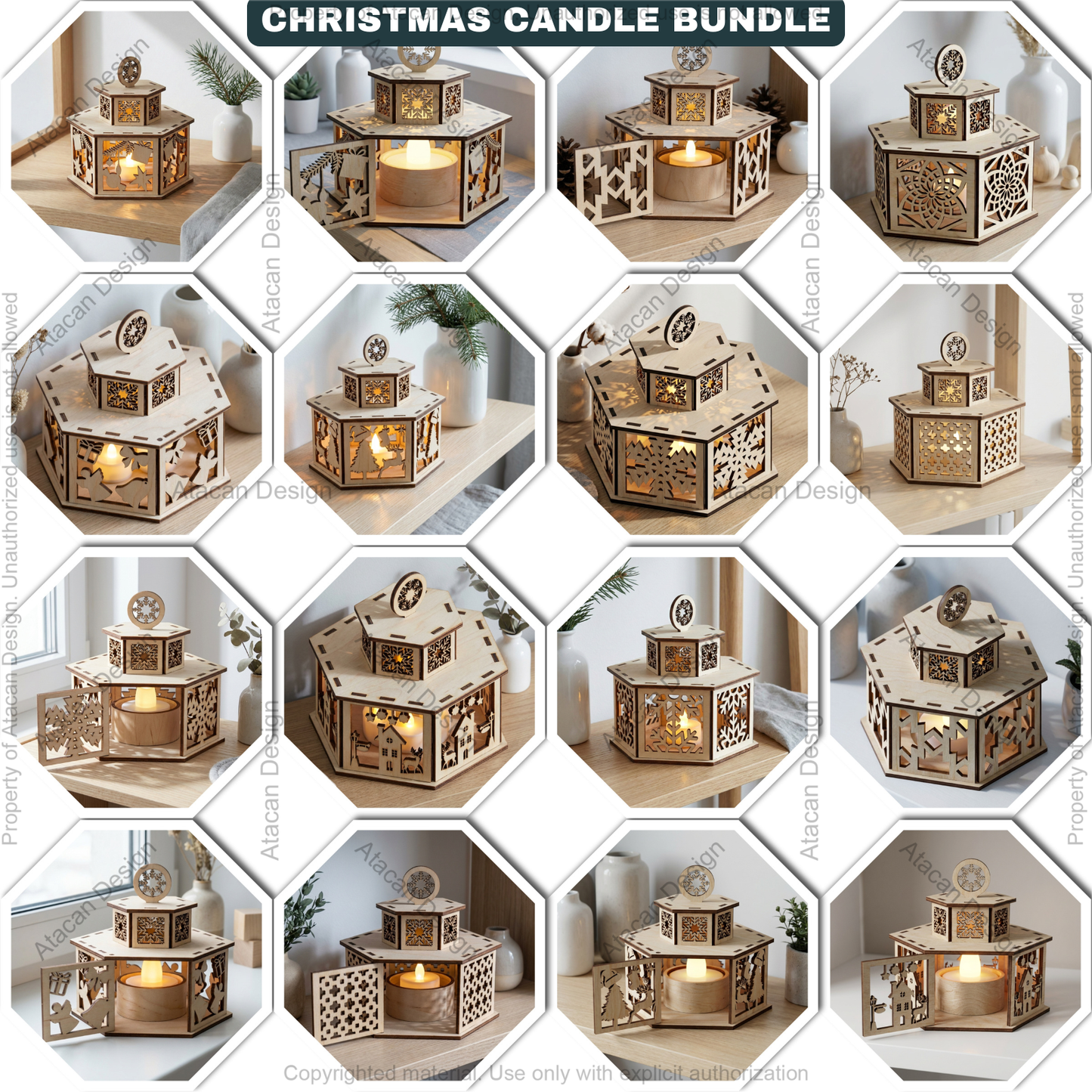 Christmas Candle Holder Bundle / Tealight Stands With Lid / Lantern Tabletop Decor / Holiday Ornaments 923