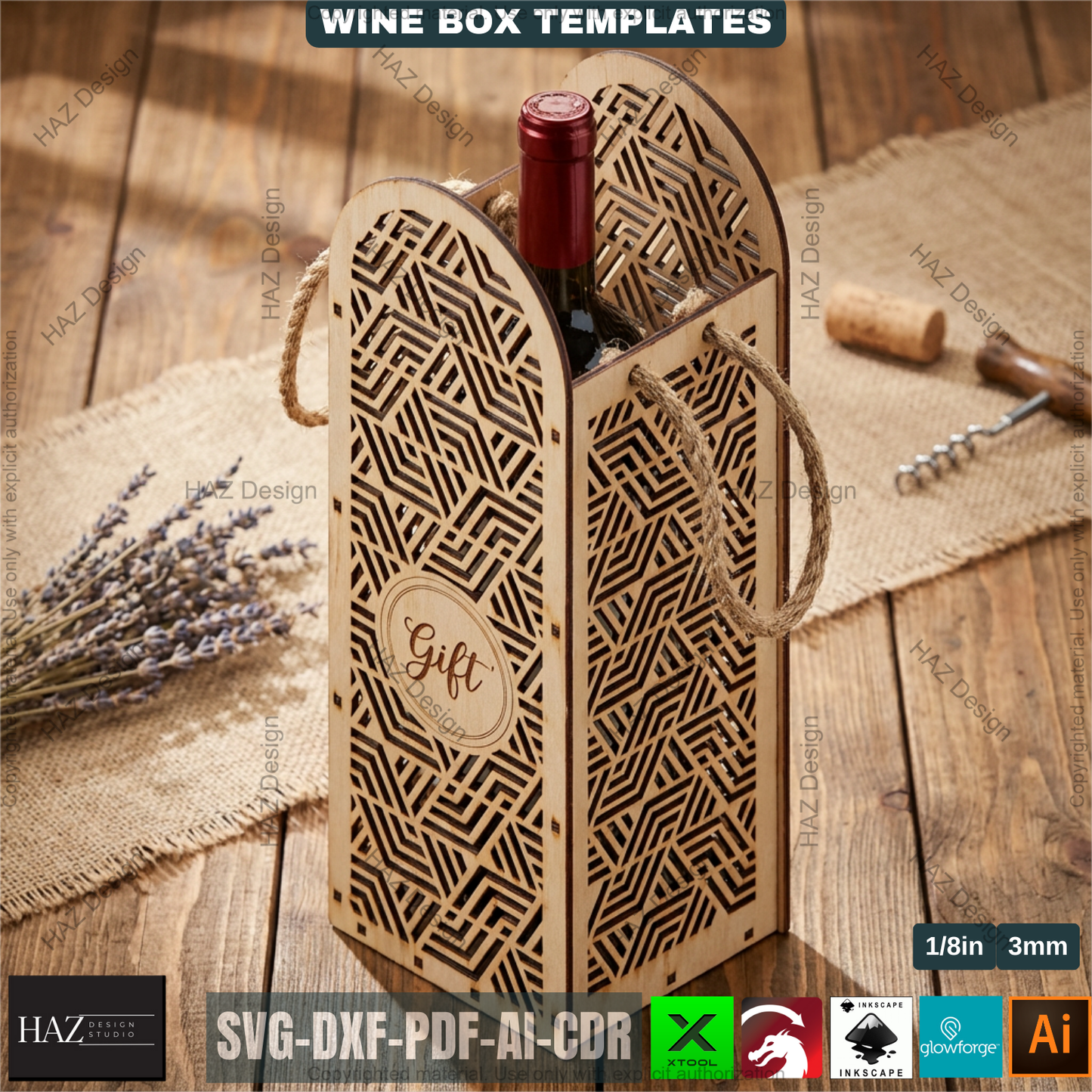 Laser Cut Wooden Wine Bottle Gift Box Bundle for DIY, Elegant Wine Carrier Templates for Laser Cutting Projects 512