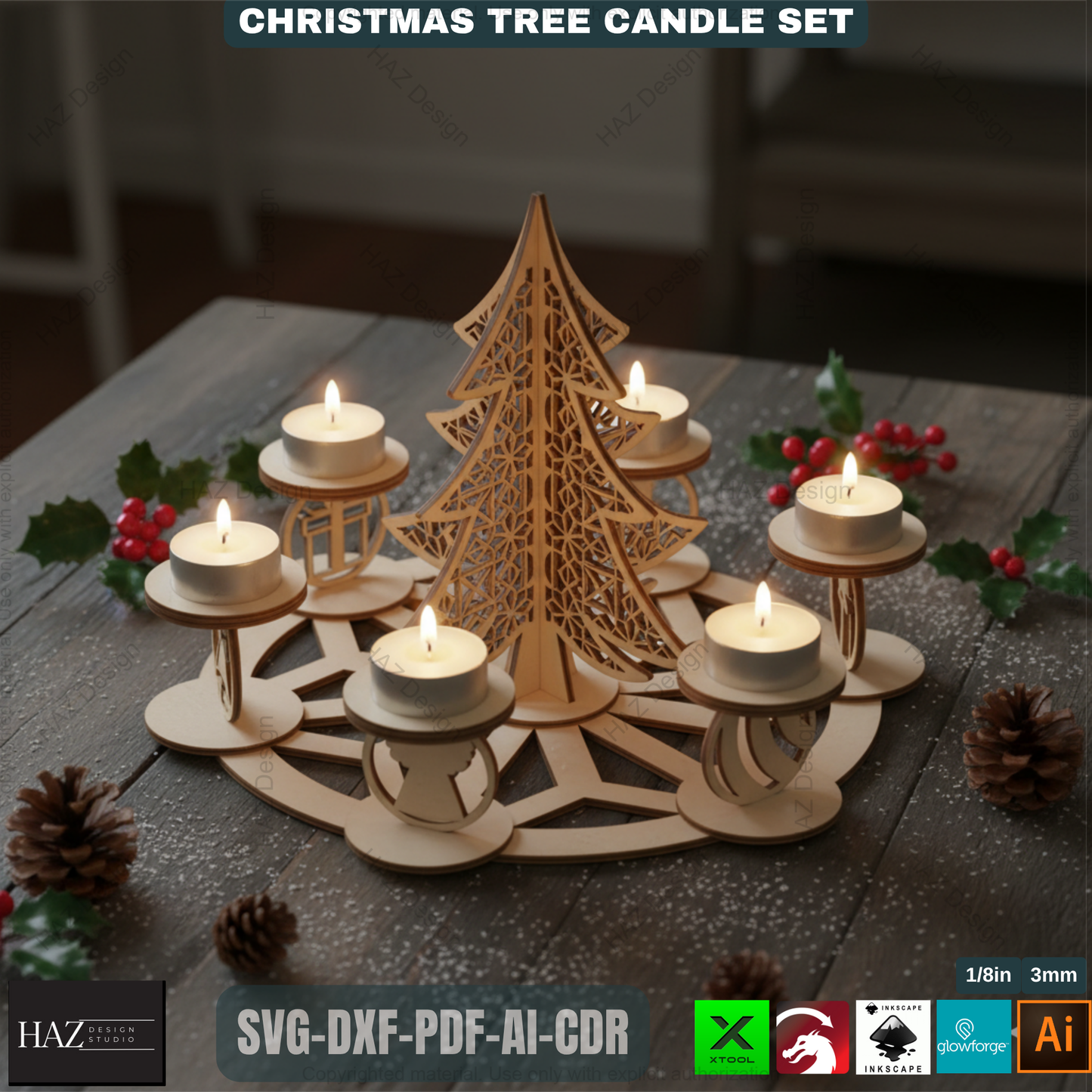 3D Christmas Tree Candle Holder Template, Festive Laser Cut Tea Light Stand, Holiday Advent Wreath Decor 495
