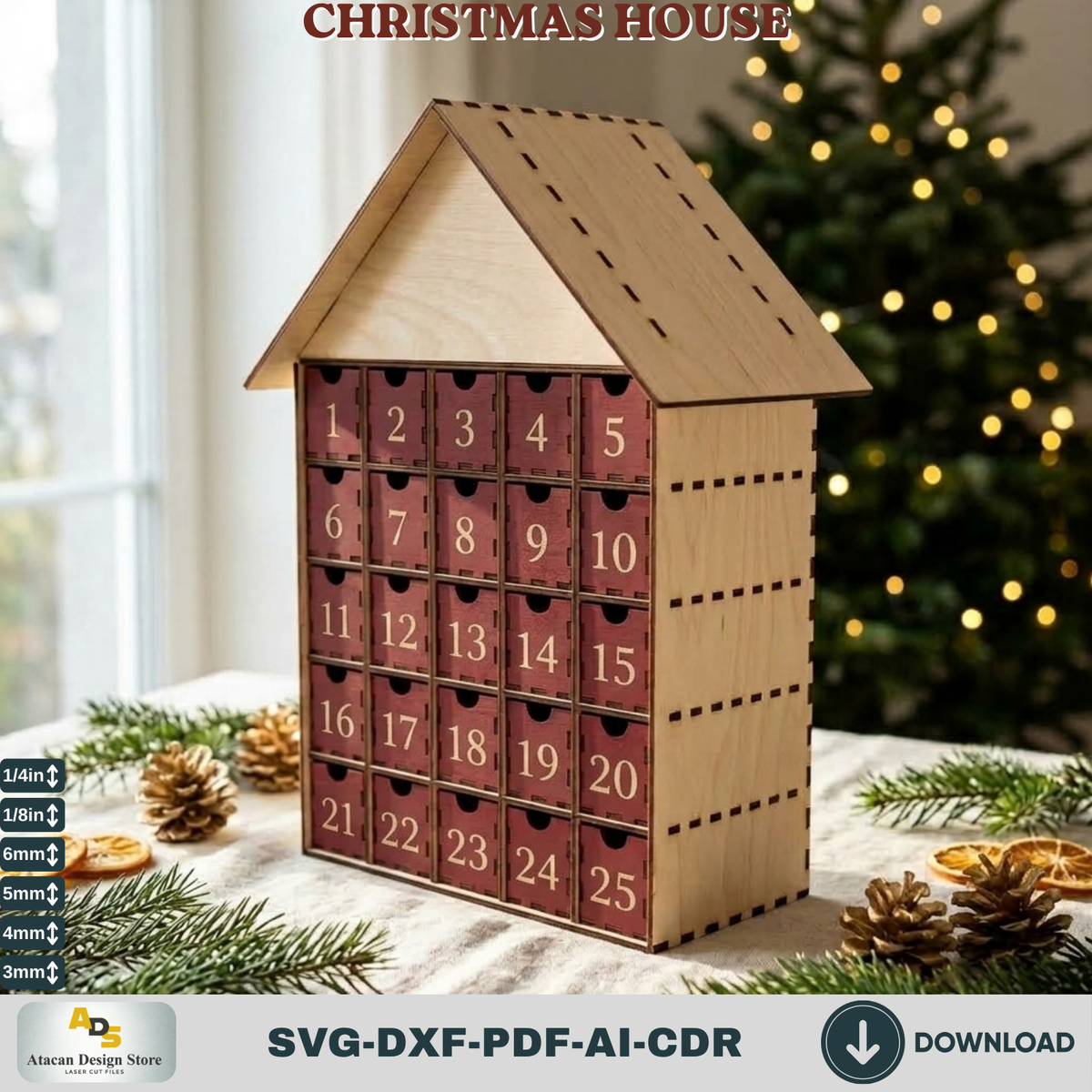25 Drawer Christmas House Advent Calendar DIY Laser Cut Wooden Holiday Countdown