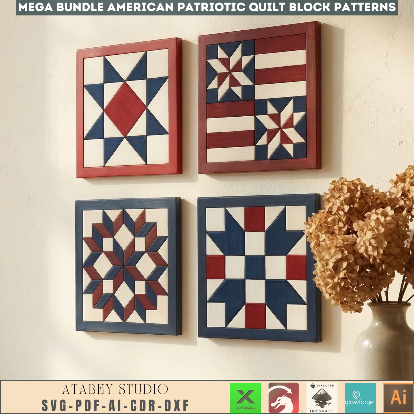 Patriotic Americana Quilt Block Wall Art Laser Cut Template Fourth of July Wooden Flag Pattern 999