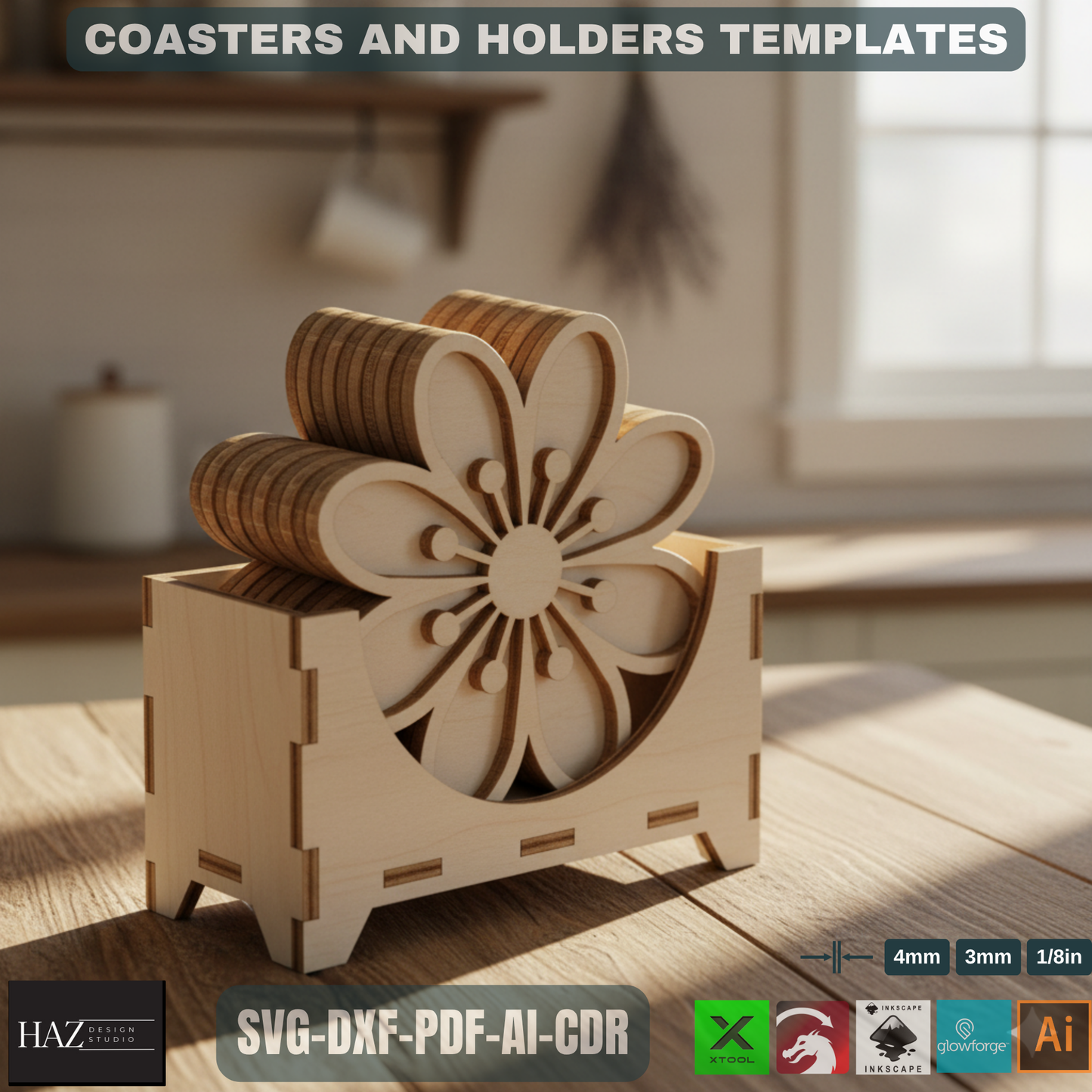 Floral Coaster Designs with Holder / Digital File for Laser Cutting / Decorative Coaster and Box Bundle 483