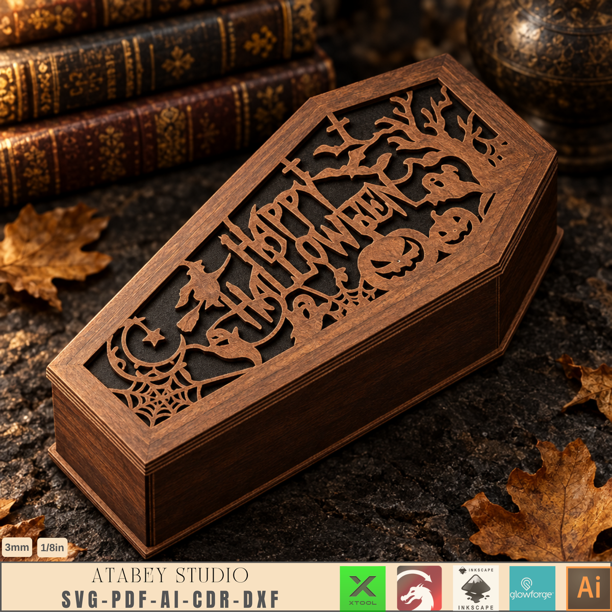 Halloween Coffin Box Laser Cut Bundle, Gothic Wooden Keepsake Casket, Trick or Treat Candy Box 1025