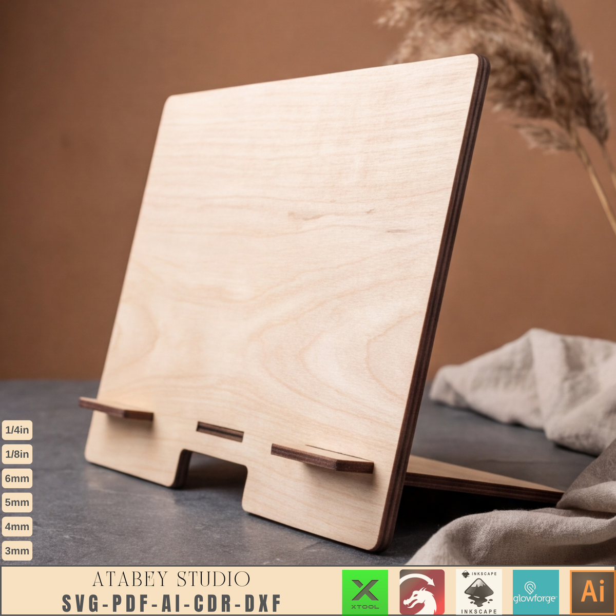 Laser Cut Tablet Stand Template, Plywood iPad Holder, Minimalist Wood Desk Display, Cookbook Stand 1031