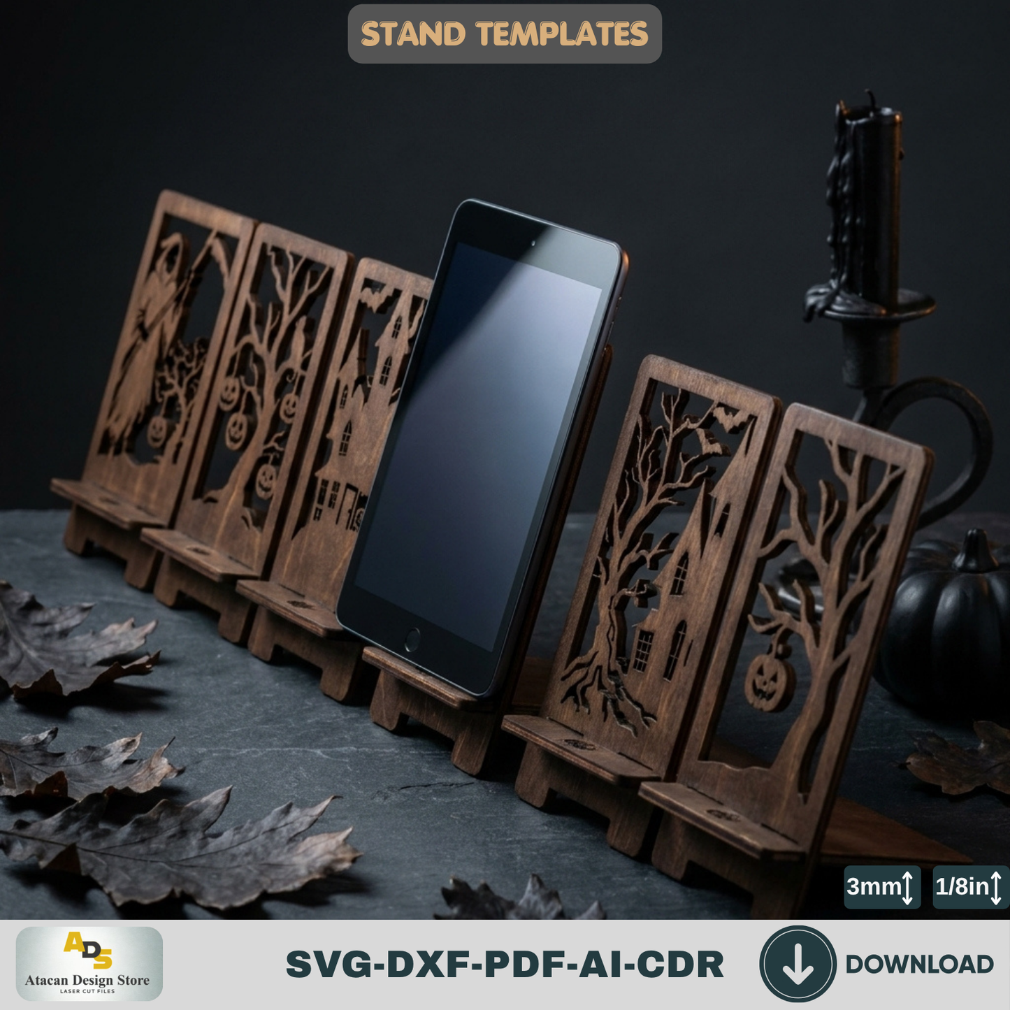 Halloween Stand Laser Cut Template Wooden Plywood Display Spooky Haunted House Phone Holder Pattern